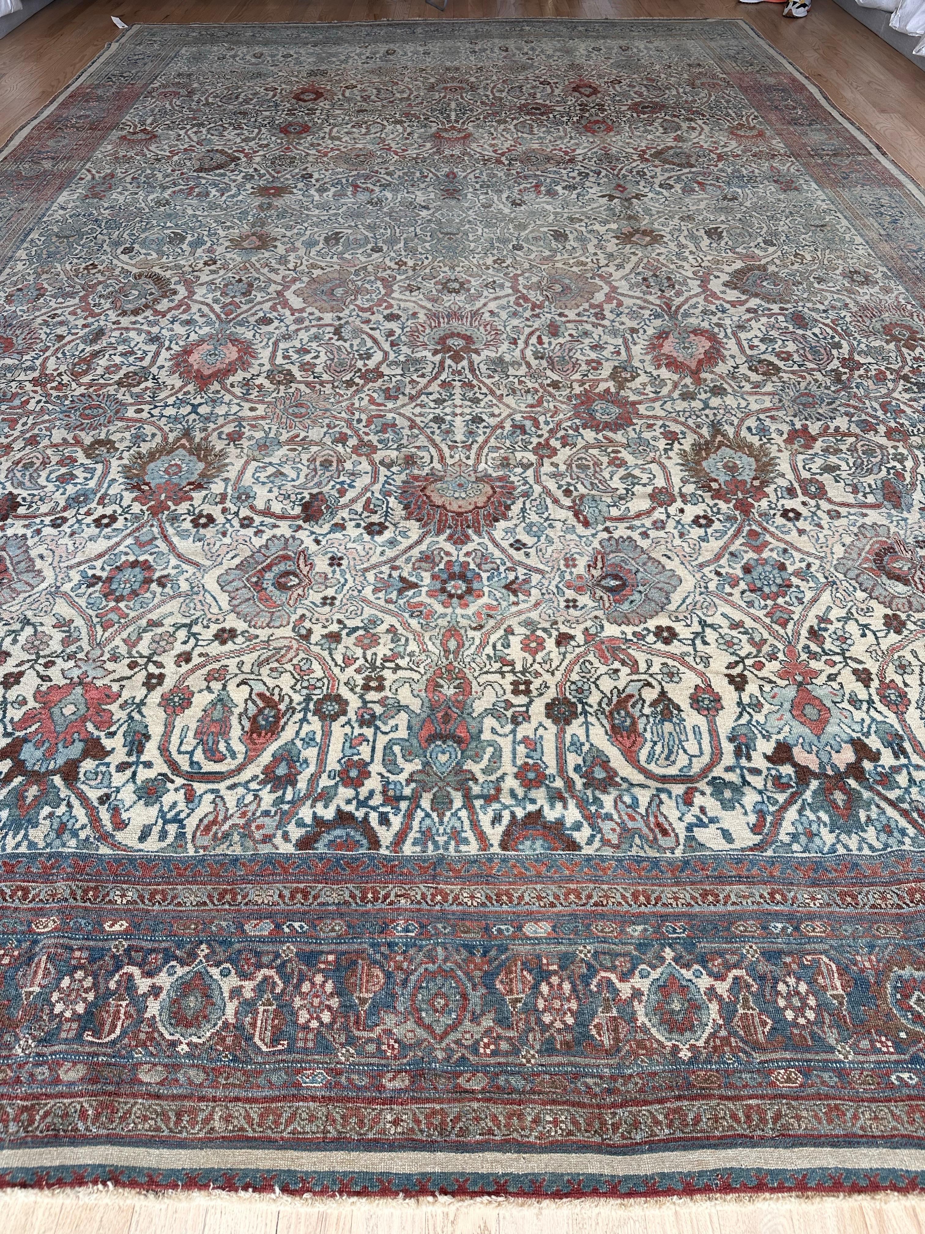 Antique Bijar Carpet Oriental Carpet, Handmade, Ivory, Coral, Light Blue, Taupe For Sale 2