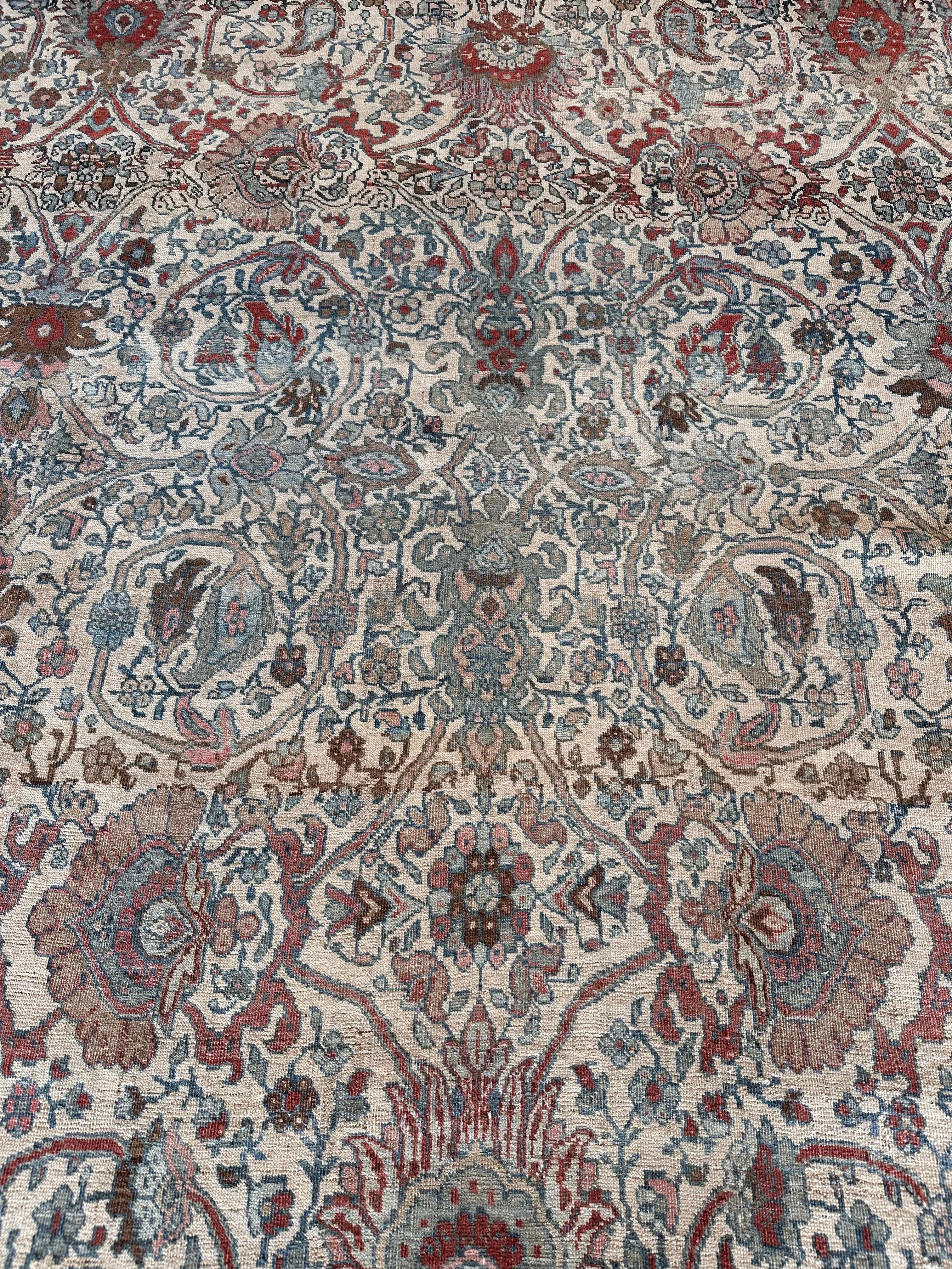Antique Bijar Carpet Oriental Carpet, Handmade, Ivory, Coral, Light Blue, Taupe For Sale 3