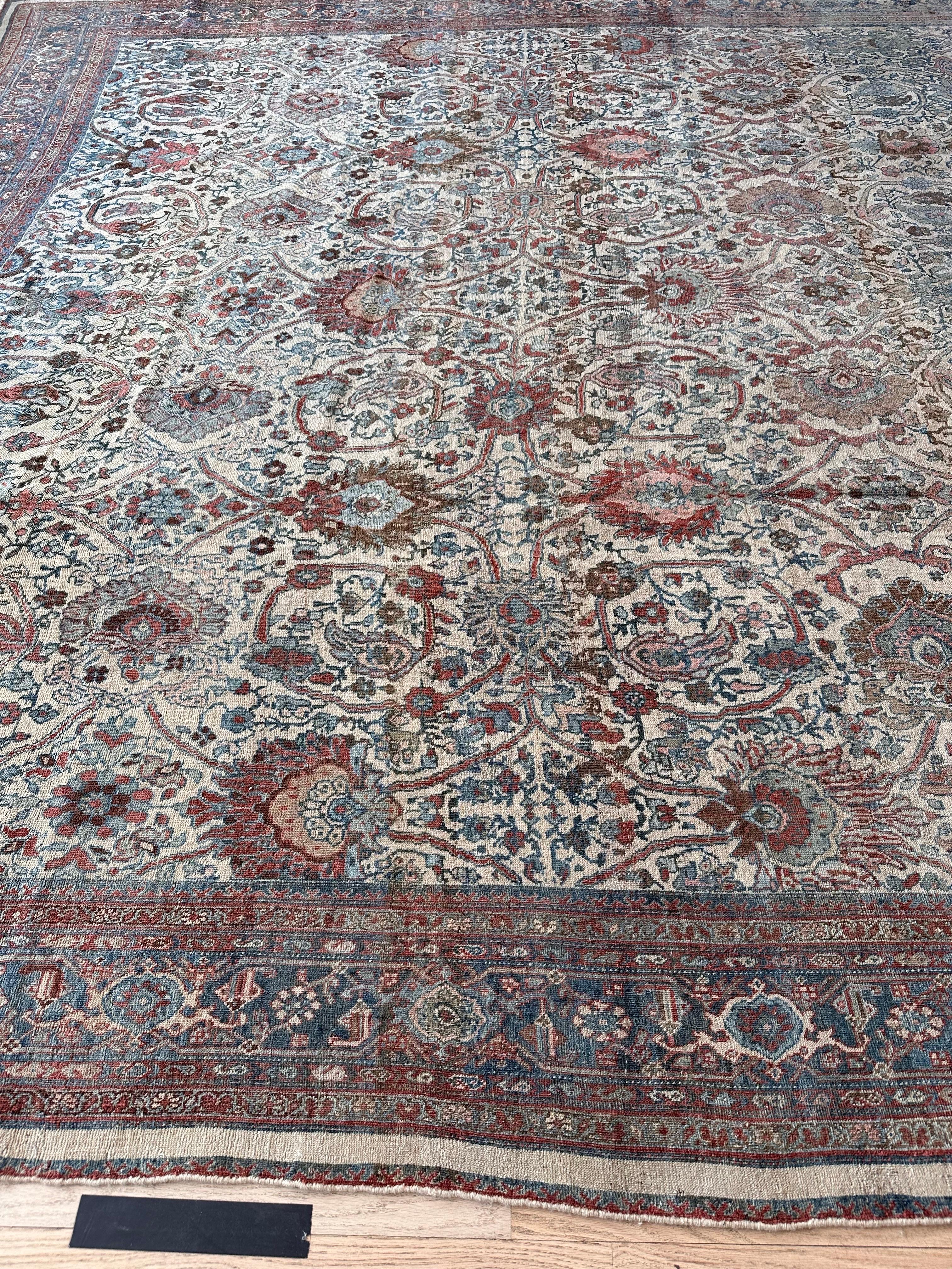 Antique Bijar Carpet Oriental Carpet, Handmade, Ivory, Coral, Light Blue, Taupe For Sale 4