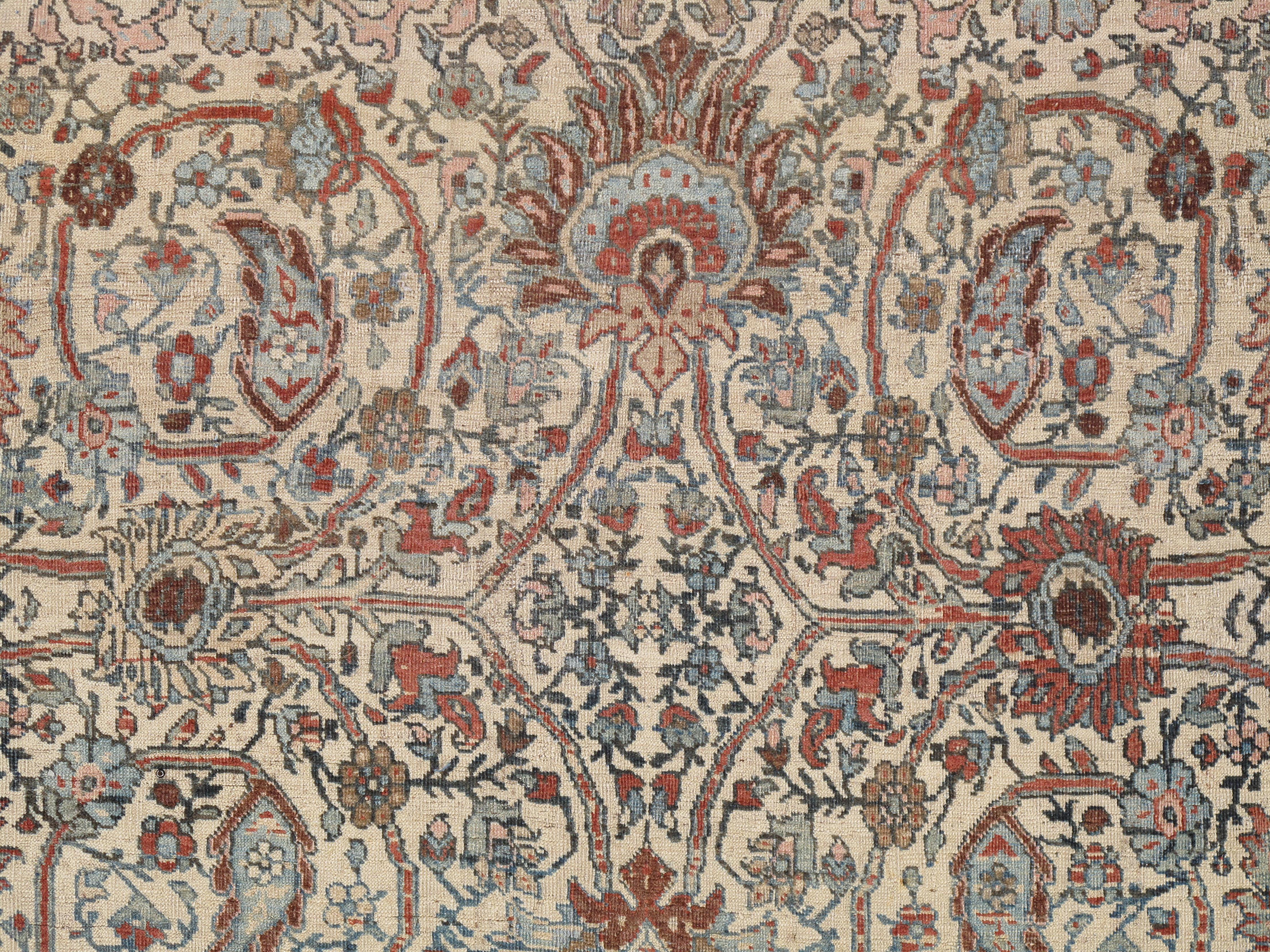 Bakshaish Antique Bijar Carpet Oriental Carpet, Handmade, Ivory, Coral, Light Blue, Taupe For Sale