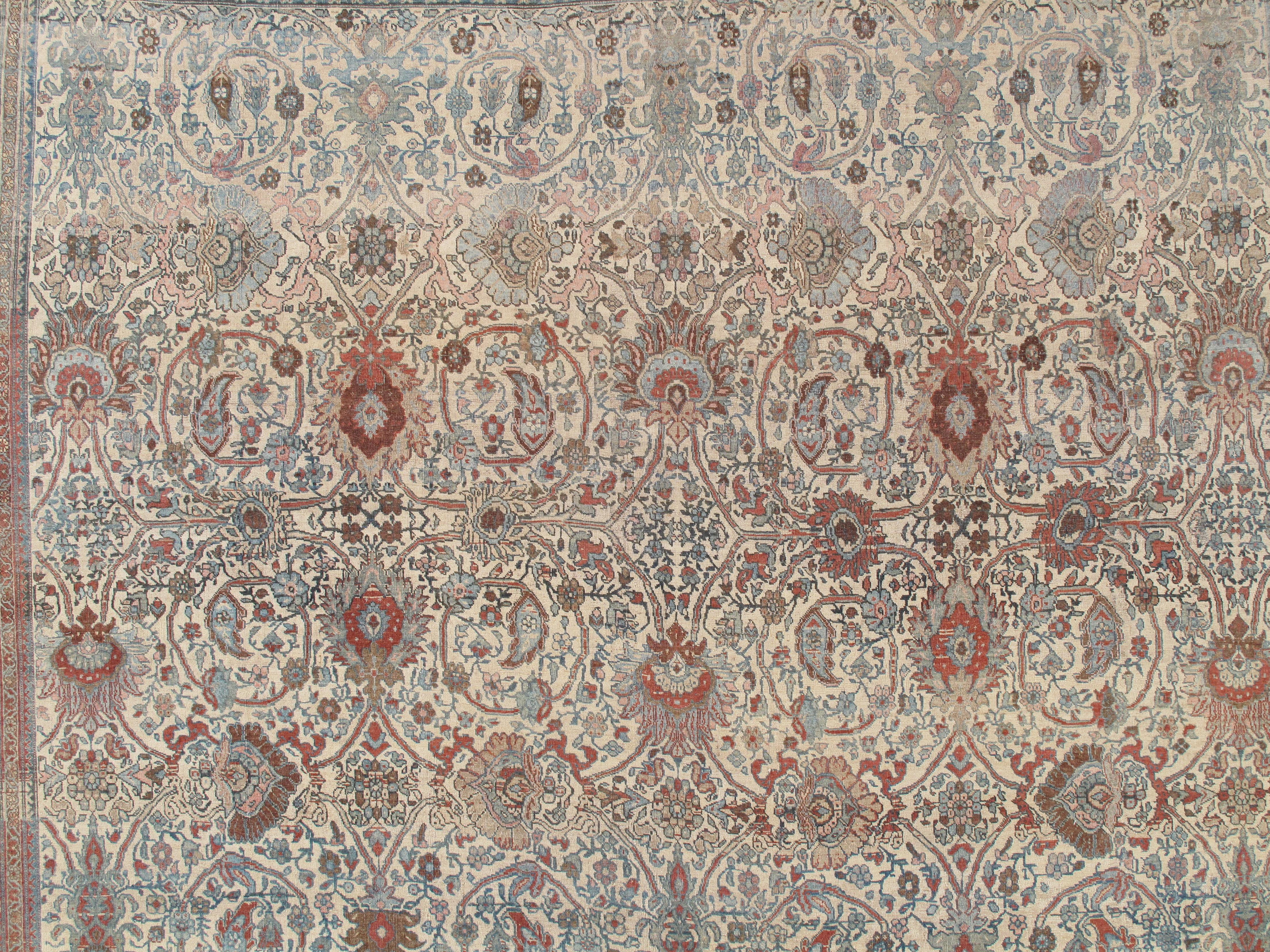 Persian Antique Bijar Carpet Oriental Carpet, Handmade, Ivory, Coral, Light Blue, Taupe For Sale