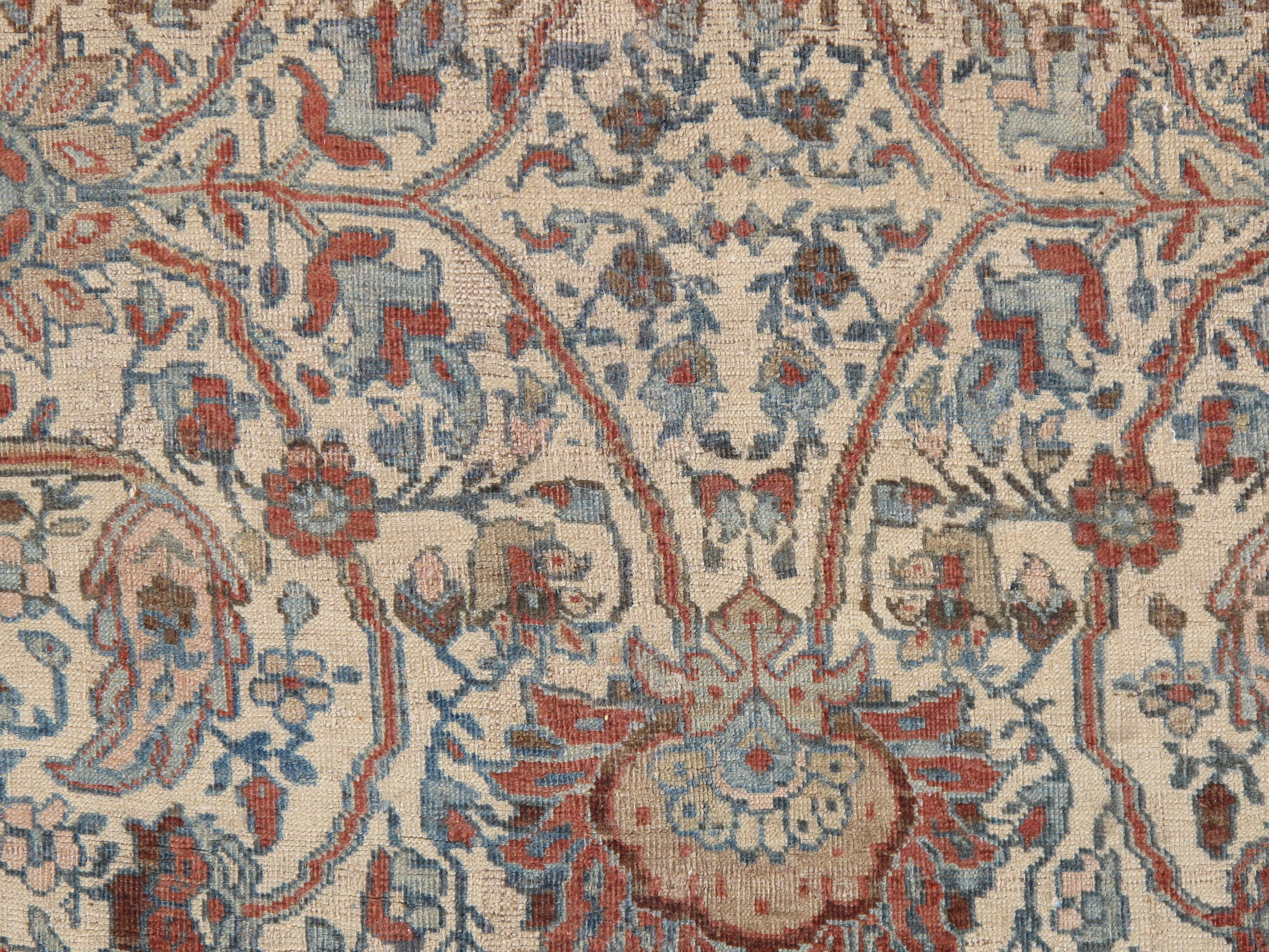 Antique Bijar Carpet Oriental Carpet, Handmade, Ivory, Coral, Light Blue, Taupe In Good Condition For Sale In Port Washington, NY