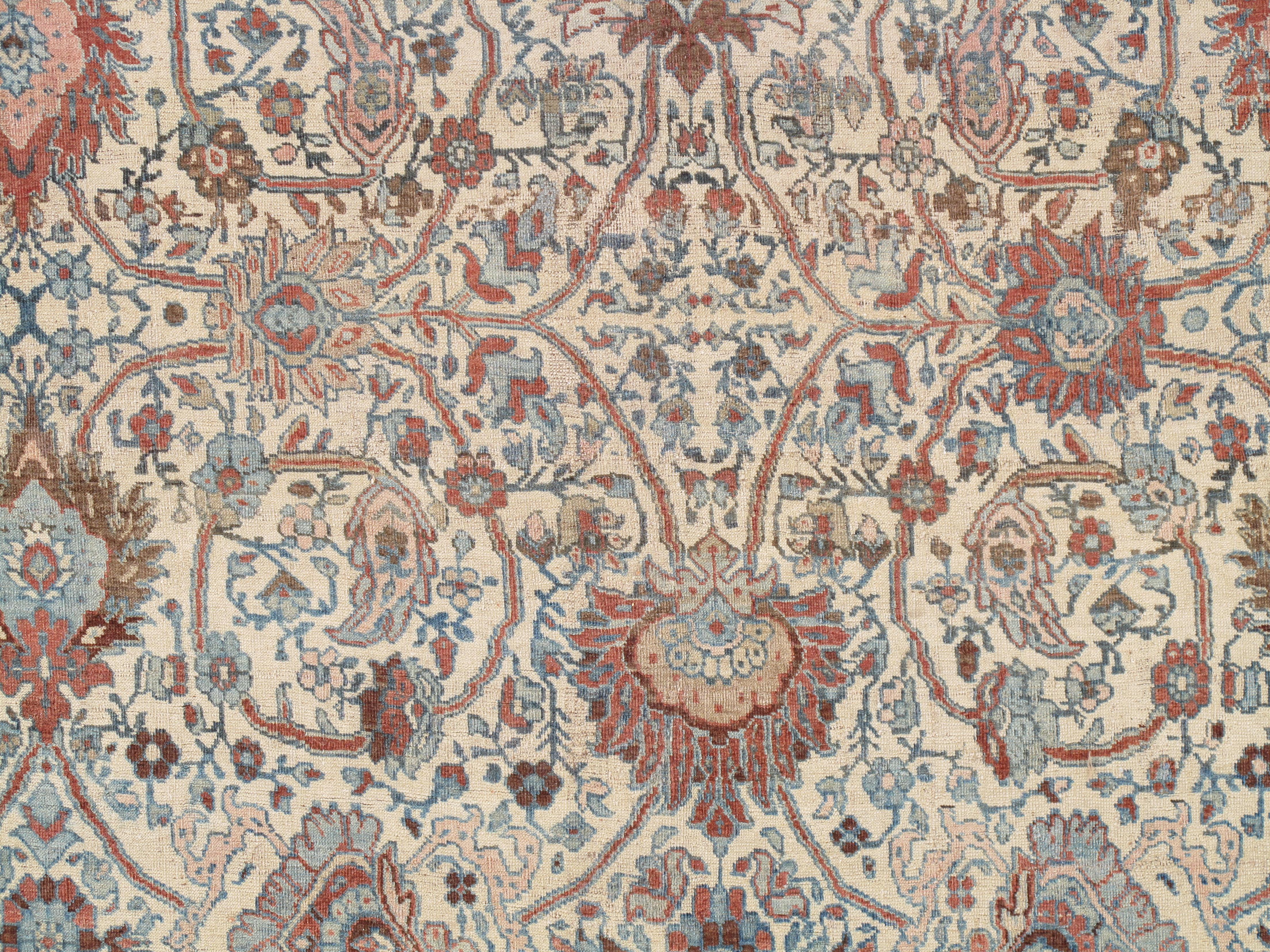 19th Century Antique Bijar Carpet Oriental Carpet, Handmade, Ivory, Coral, Light Blue, Taupe For Sale