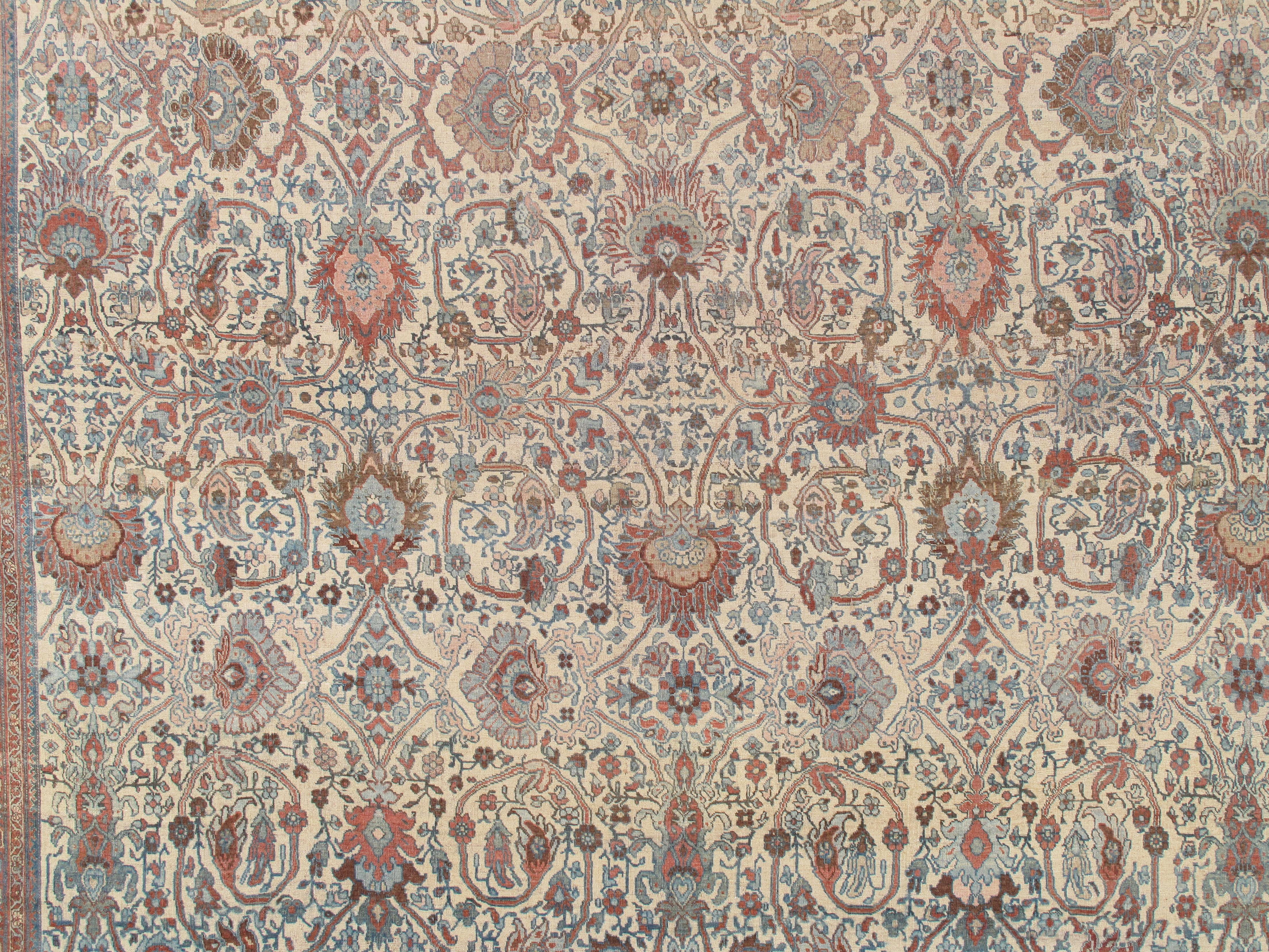 Wool Antique Bijar Carpet Oriental Carpet, Handmade, Ivory, Coral, Light Blue, Taupe For Sale