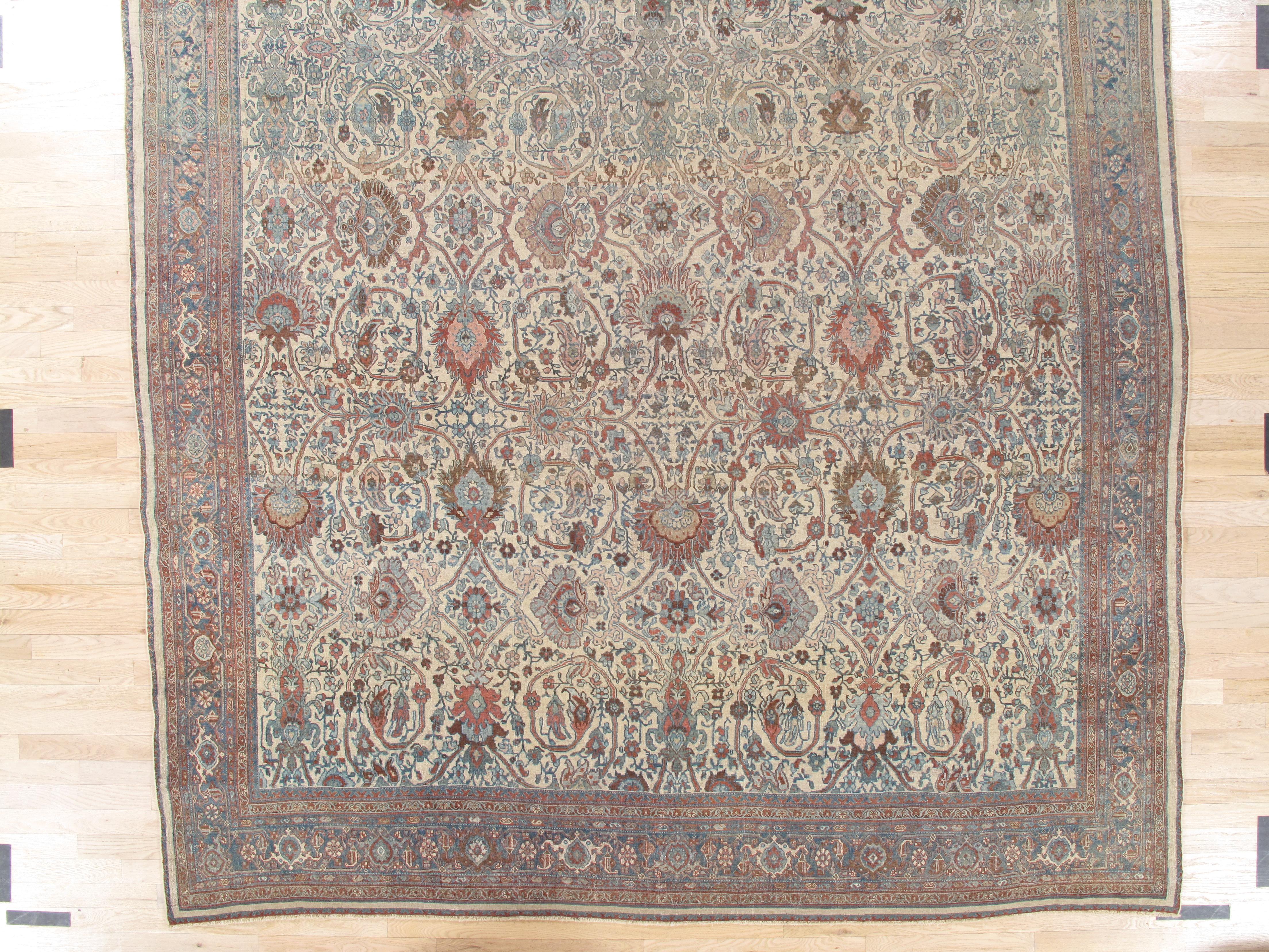 Antique Bijar Carpet Oriental Carpet, Handmade, Ivory, Coral, Light Blue, Taupe For Sale 1