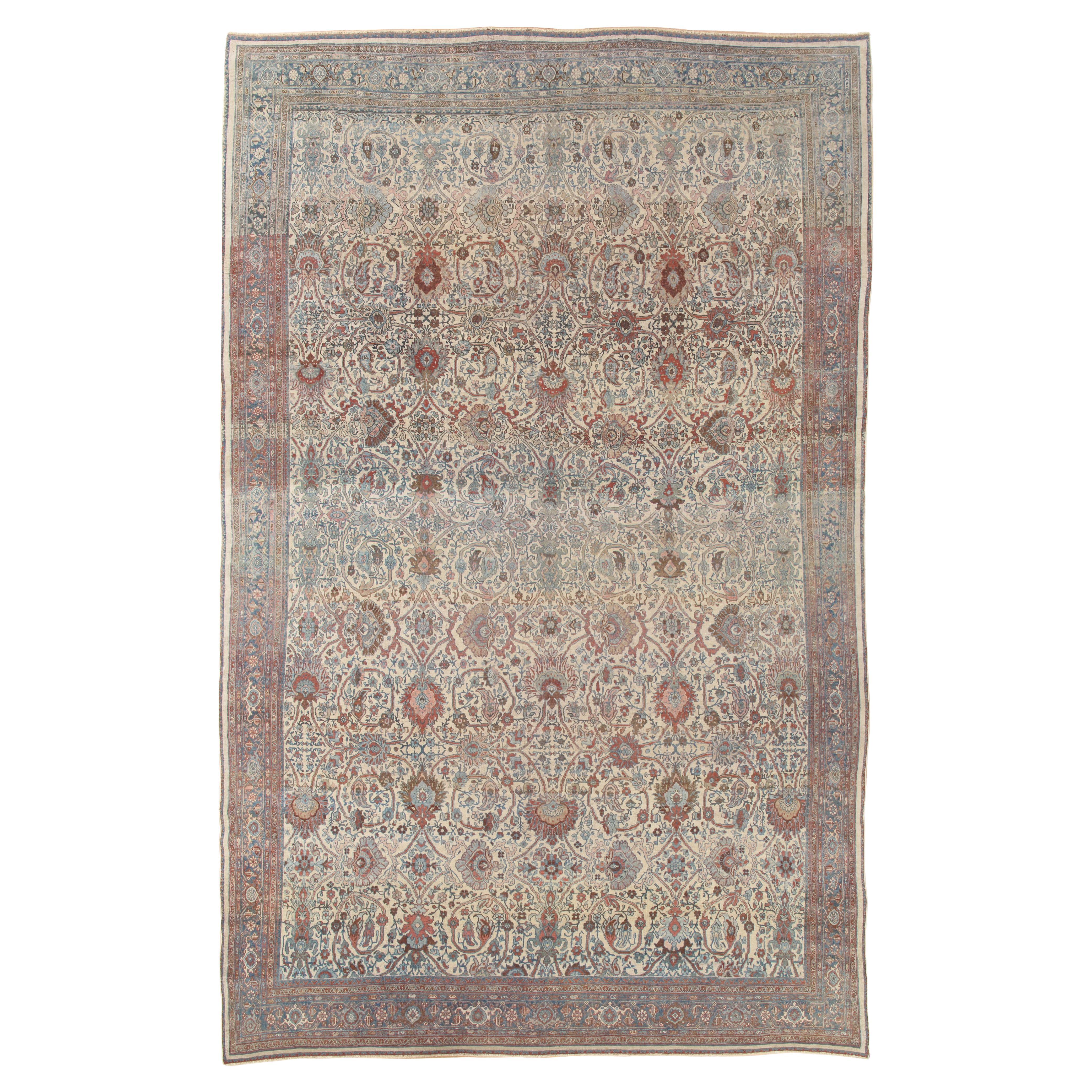 Antique Bijar Carpet Oriental Carpet, Handmade, Ivory, Coral, Light Blue, Taupe For Sale