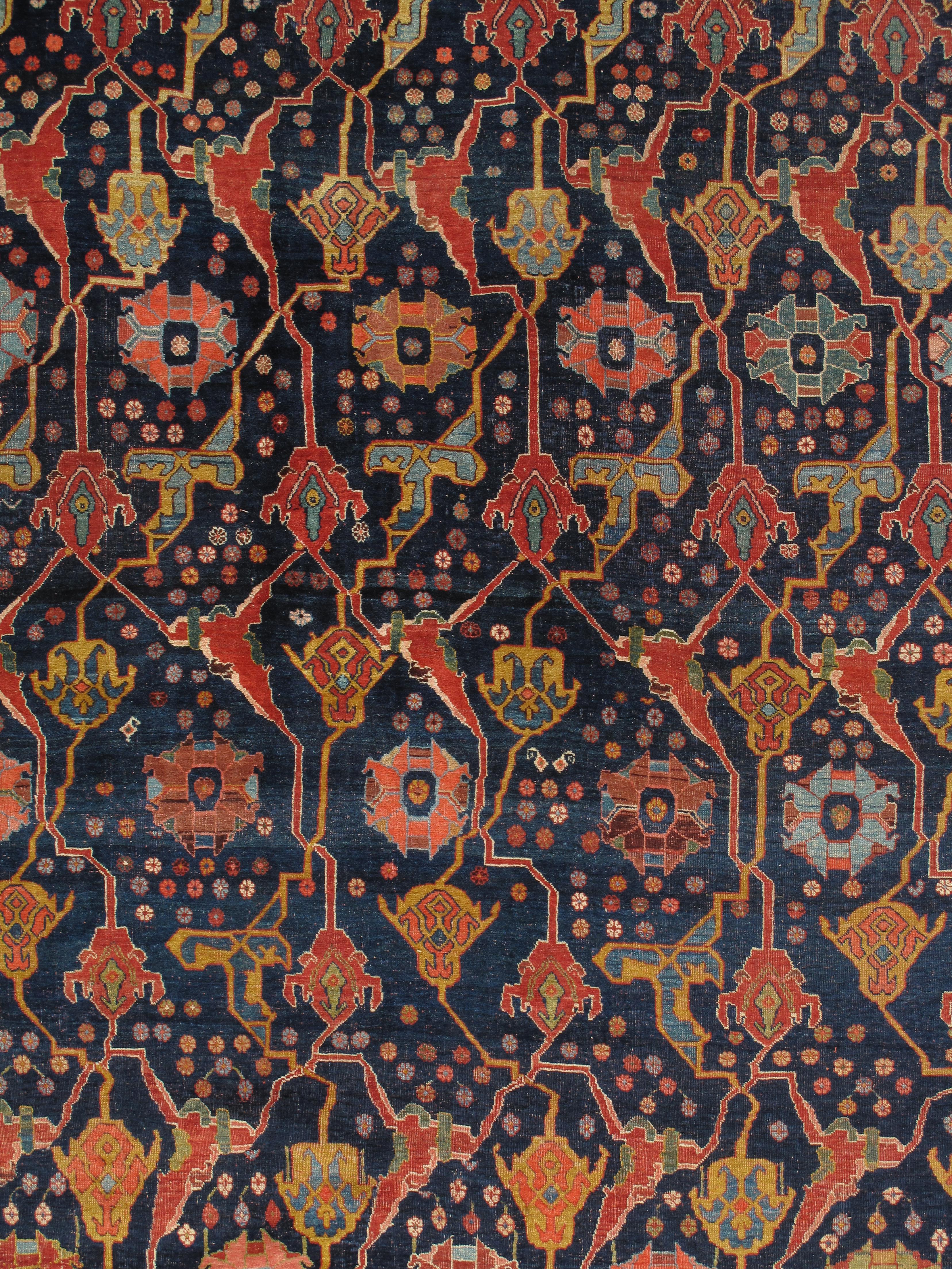 19th Century Antique Bijar Carpet Oriental Carpet, Handmade, Navy, Red, Light Blue and Green For Sale
