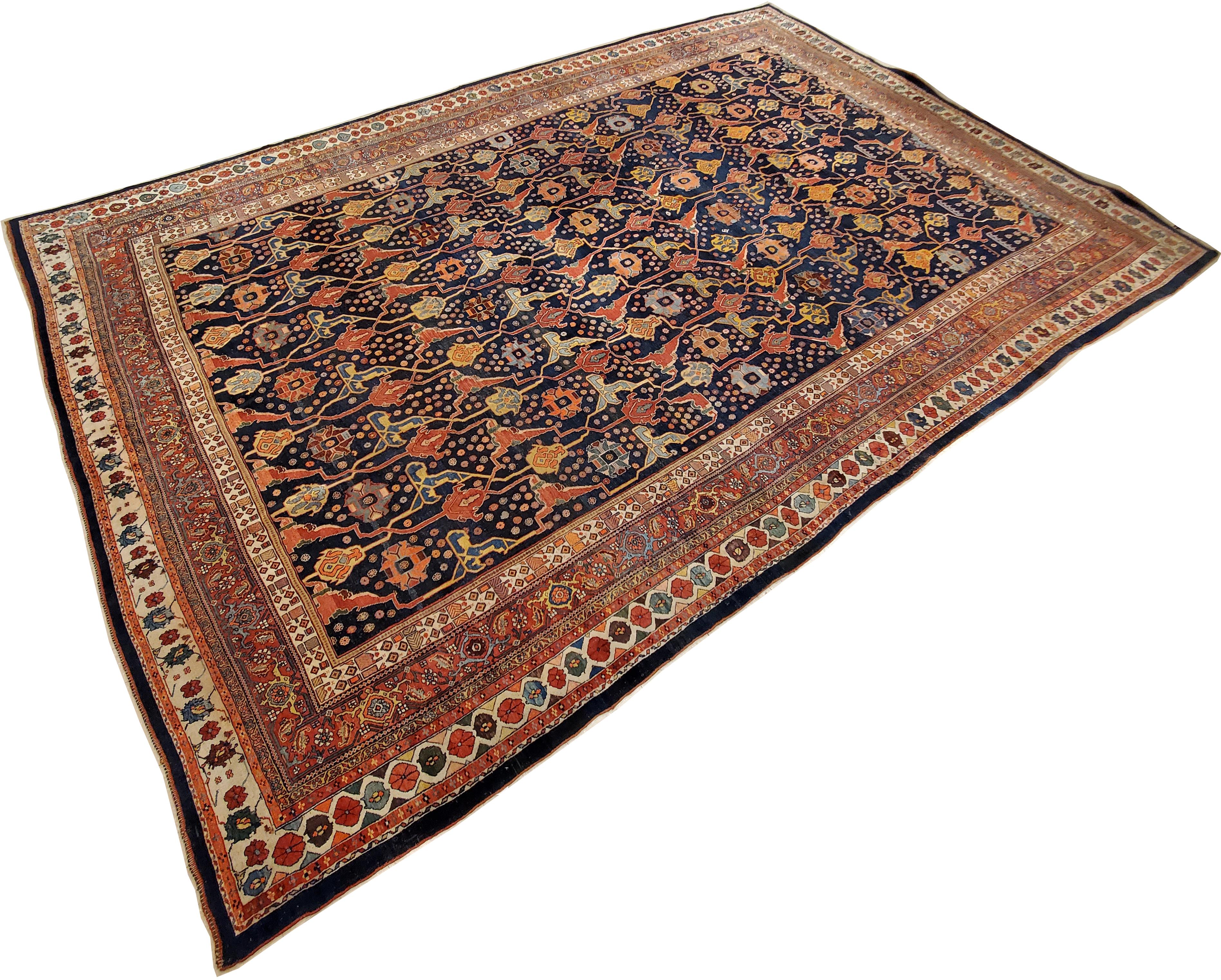 Wool Antique Bijar Carpet Oriental Carpet, Handmade, Navy, Red, Light Blue and Green For Sale