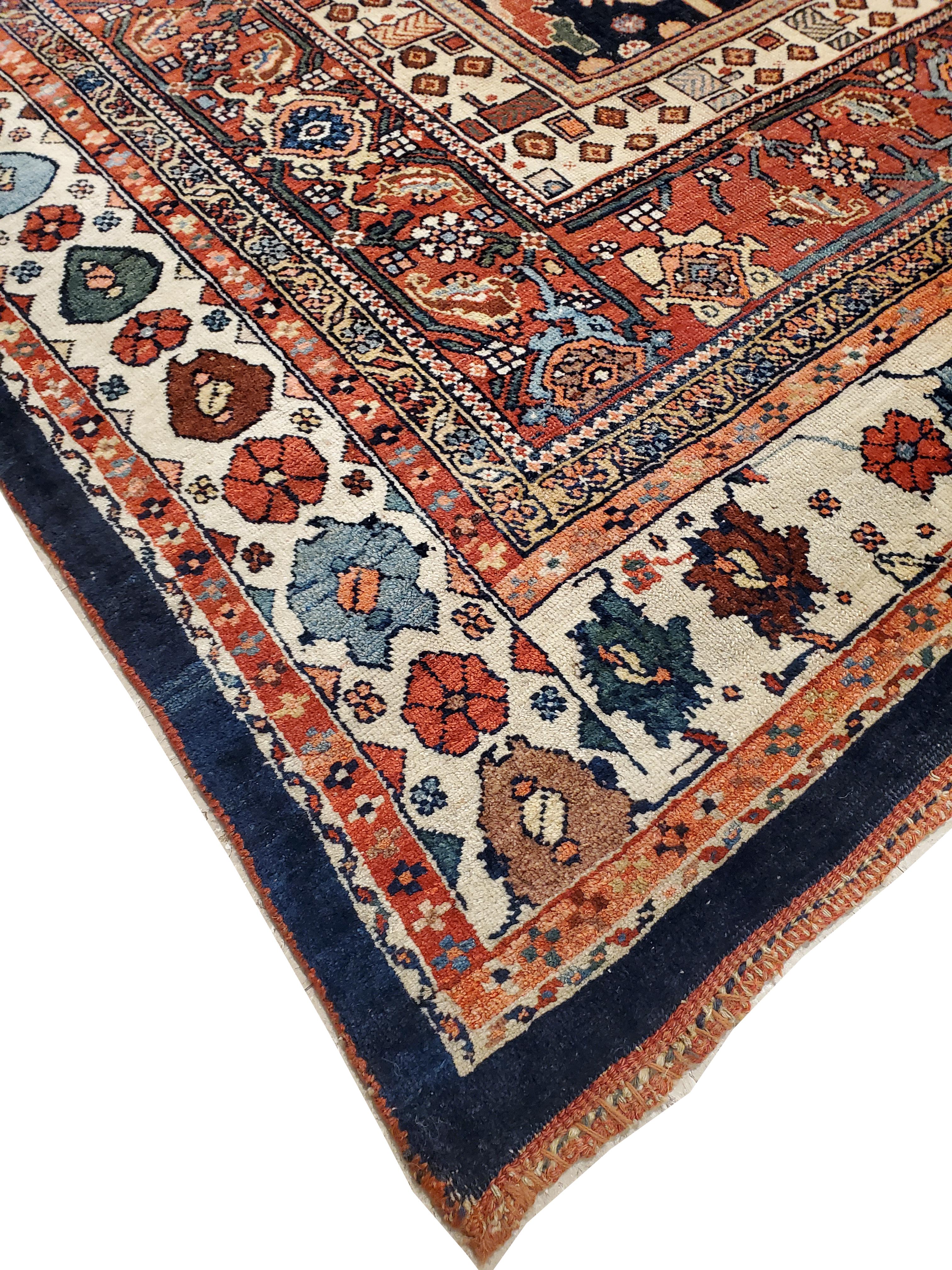 Sultanabad Antique Bijar Carpet Oriental Carpet, Handmade, Navy, Red, Light Blue and Green For Sale