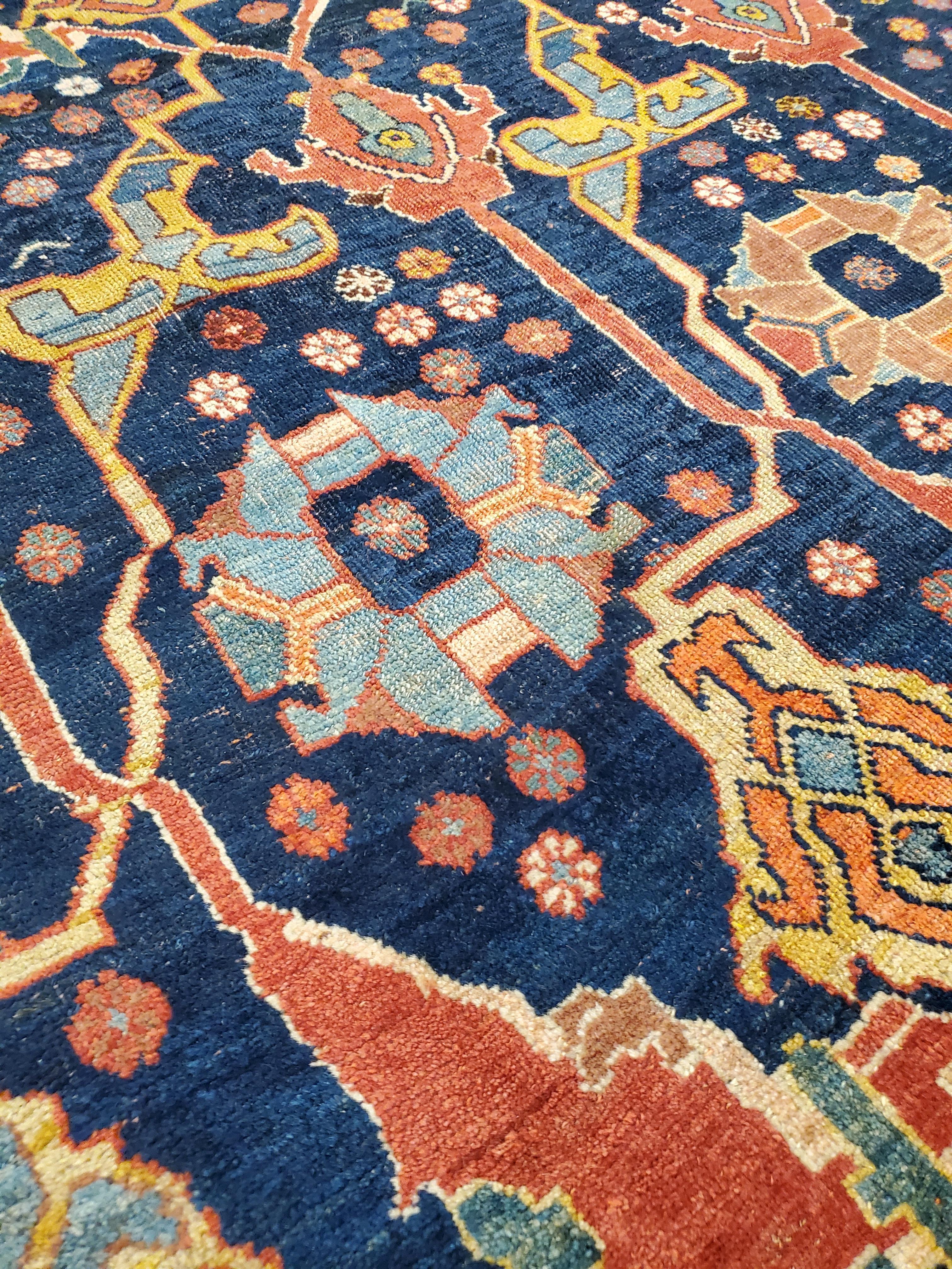 Persian Antique Bijar Carpet Oriental Carpet, Handmade, Navy, Red, Light Blue and Green For Sale