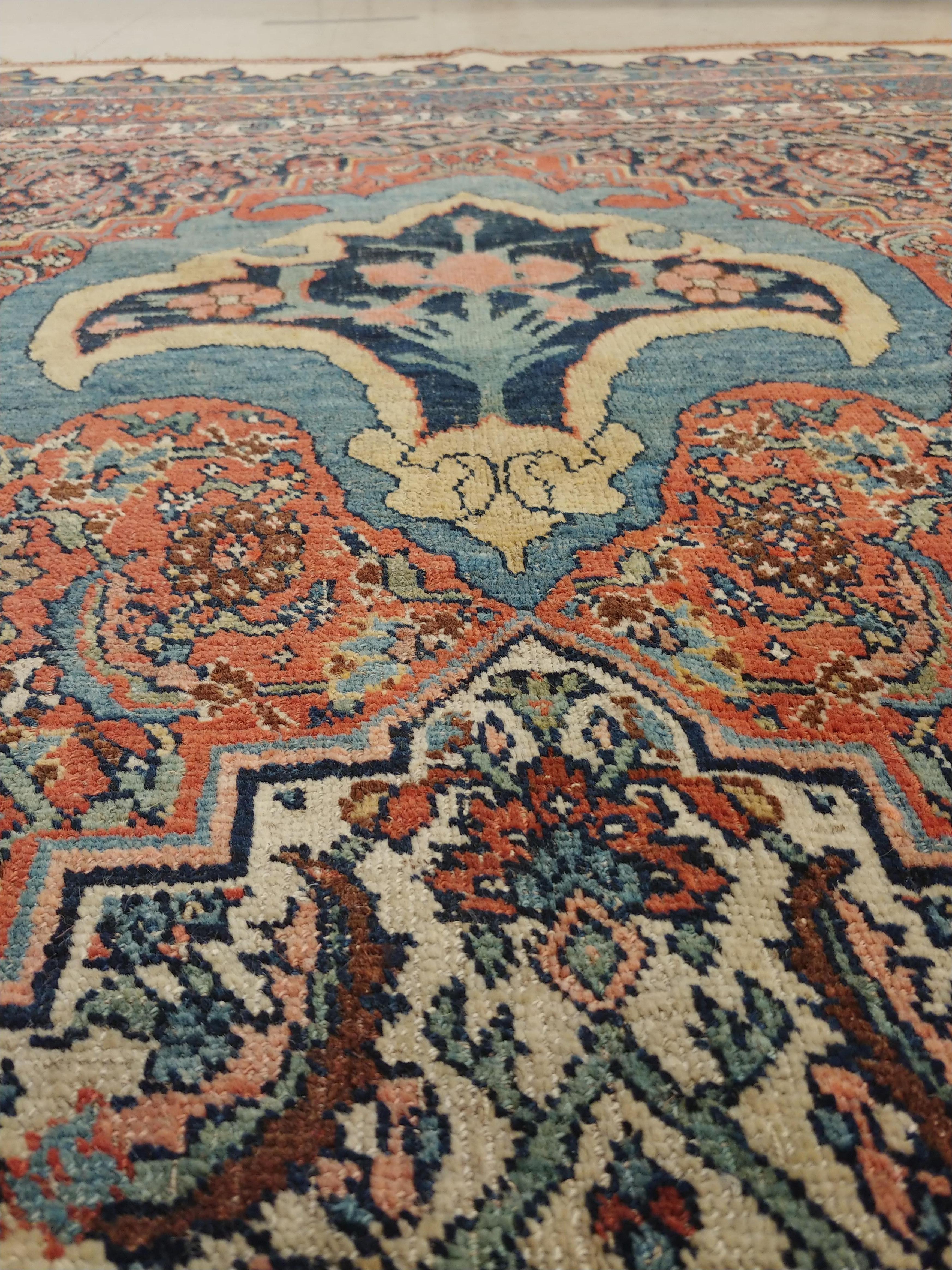 Antique Bijar Carpet Oriental Rug, Handmade, Ivory, Rust, Light Blue, Terracotta For Sale 1