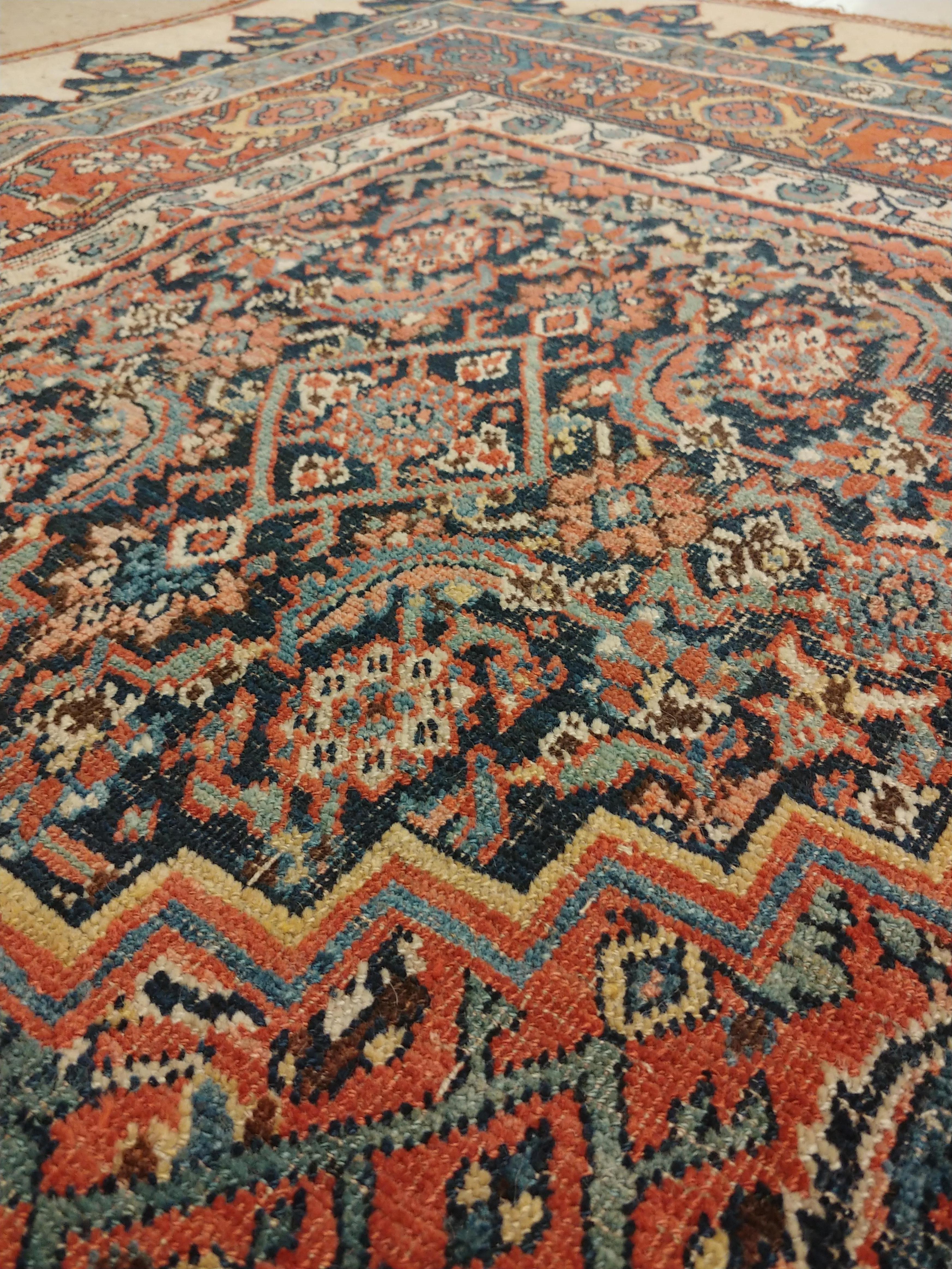 Antique Bijar Carpet Oriental Rug, Handmade, Ivory, Rust, Light Blue, Terracotta For Sale 2