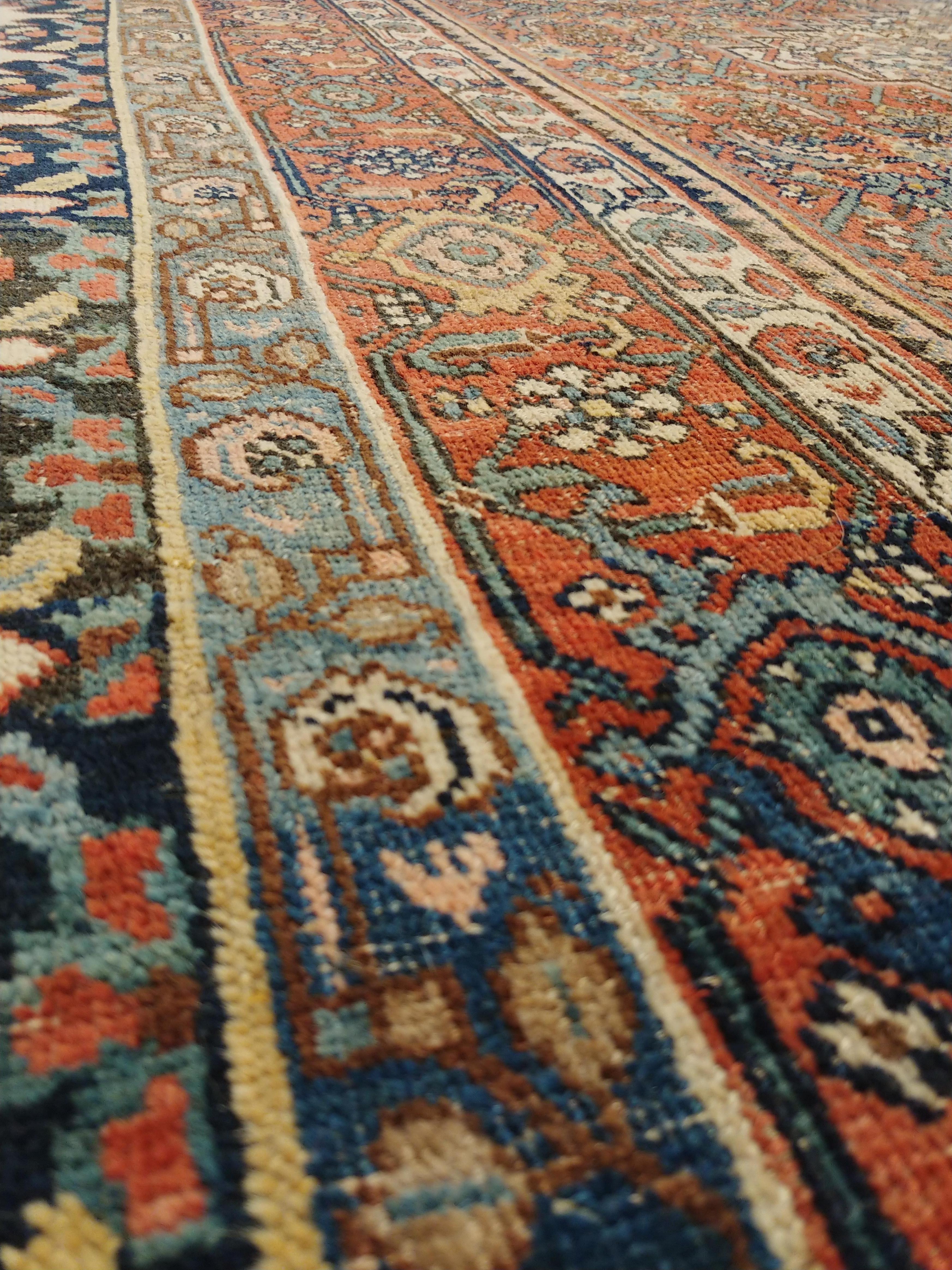 Persian Antique Bijar Carpet Oriental Rug, Handmade, Ivory, Rust, Light Blue, Terracotta For Sale