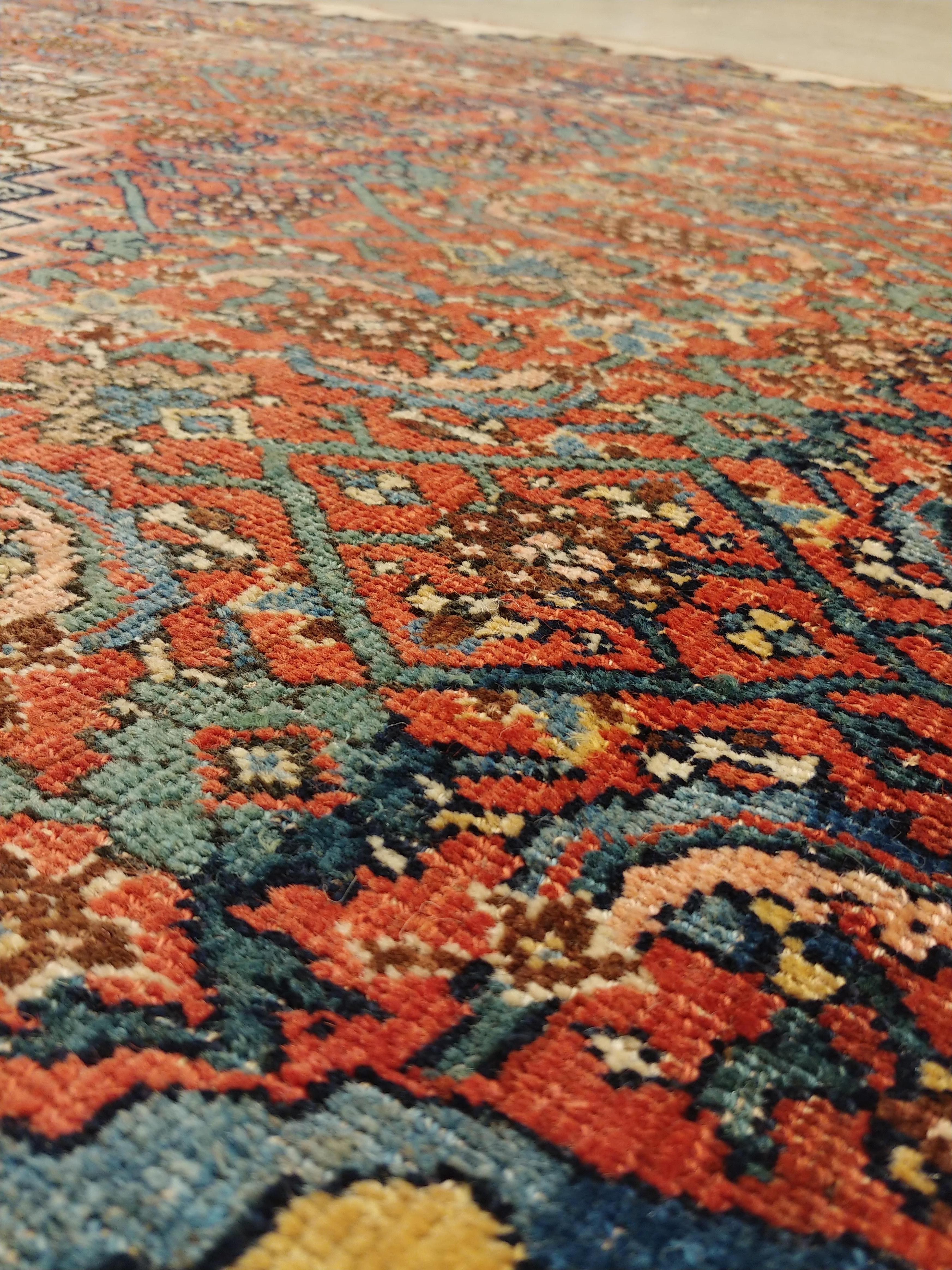 Antique Bijar Carpet Oriental Rug, Handmade, Ivory, Rust, Light Blue, Terracotta In Good Condition For Sale In Port Washington, NY
