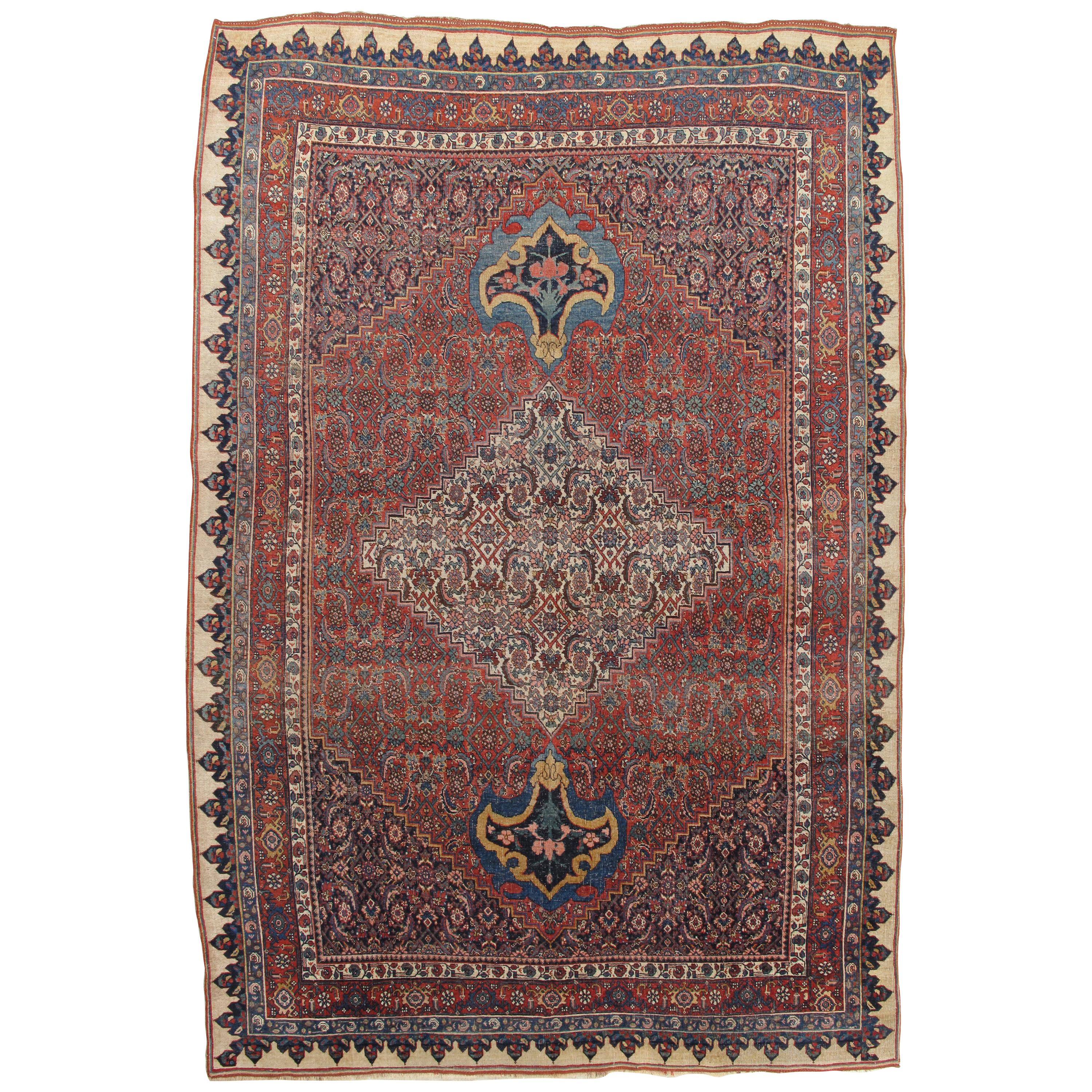 Antique Bijar Carpet Oriental Rug, Handmade, Ivory, Rust, Light Blue, Terracotta For Sale