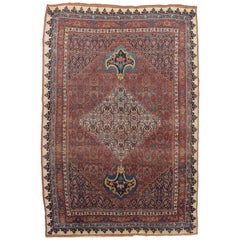 Antique Bijar Carpet Oriental Rug, Handmade, Ivory, Rust, Light Blue, Terracotta