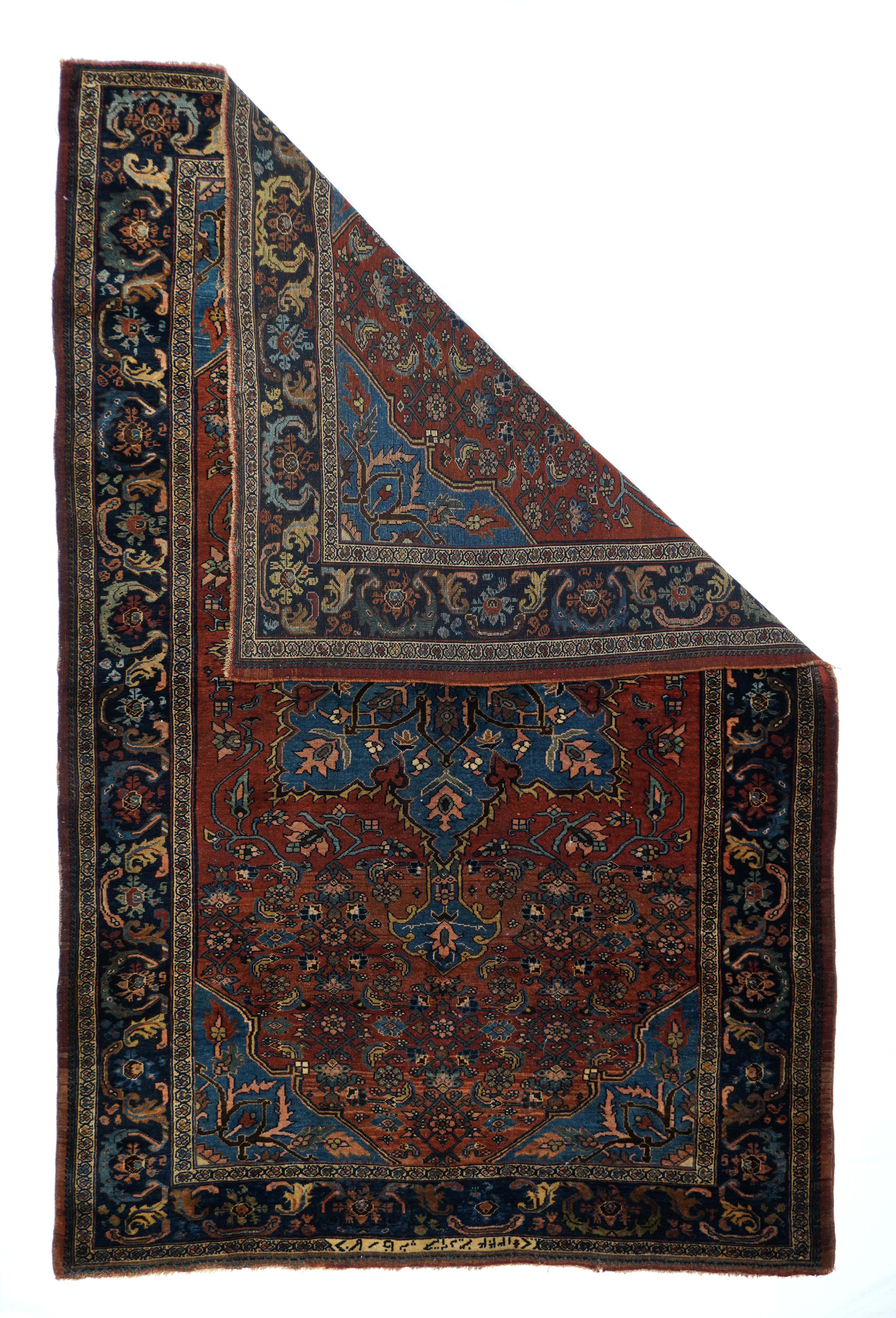 West Persian Kurdish Bidjar rugs, whether town or village, are very rarely dated and/or signed, making this scatter with an “iron” construction just that much more desirable.
With all natural dyes, the roughly fringed octogramme teal palmette