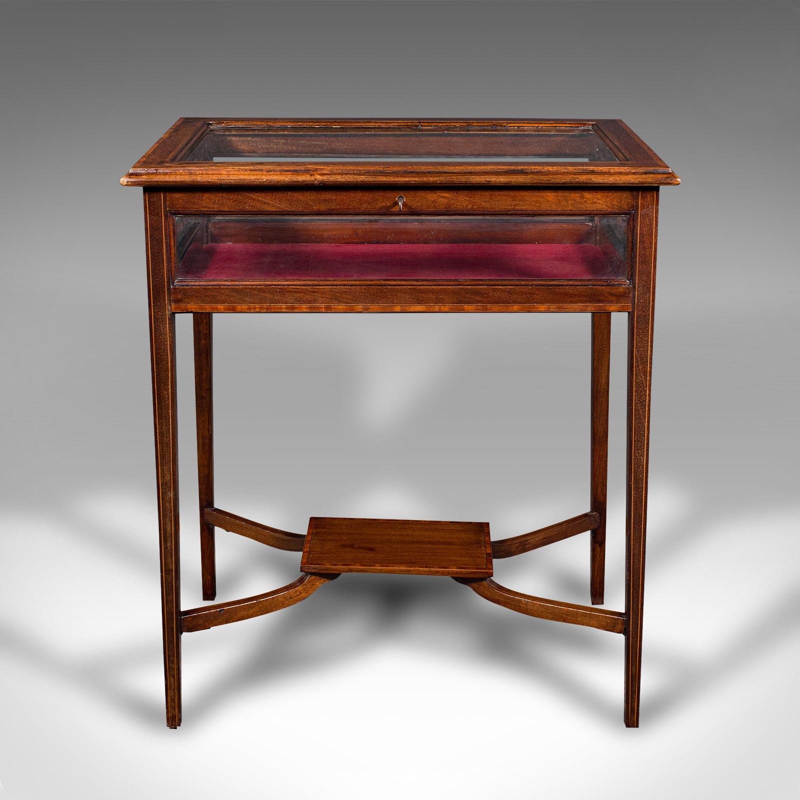 British Antique Bijouterie Table, English, Walnut, Display Cabinet on Stand, Edwardian