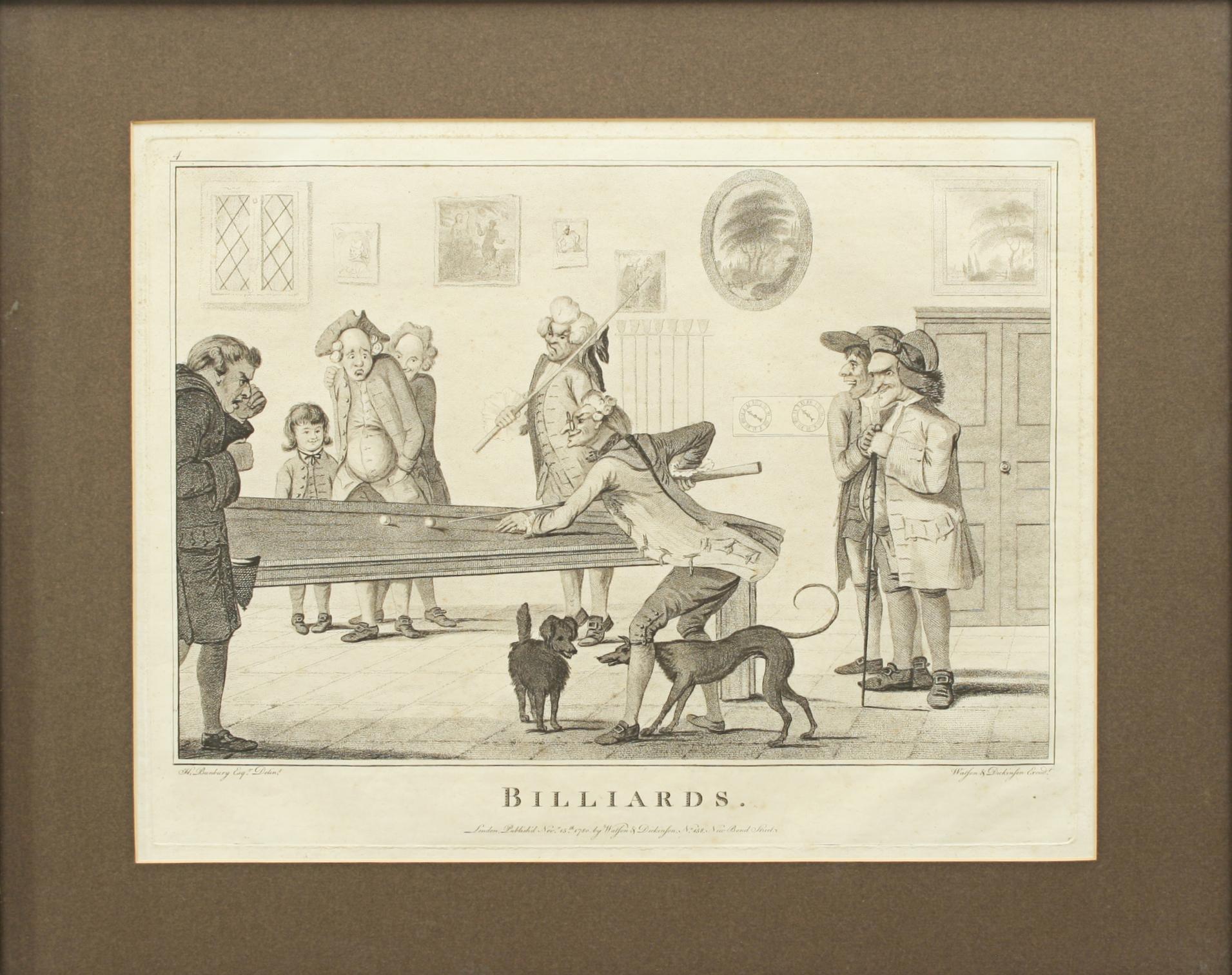 Sporting Art Antique Billiard engraving after Henry Bunbury, Ideal Snooker, Pool Room Picture