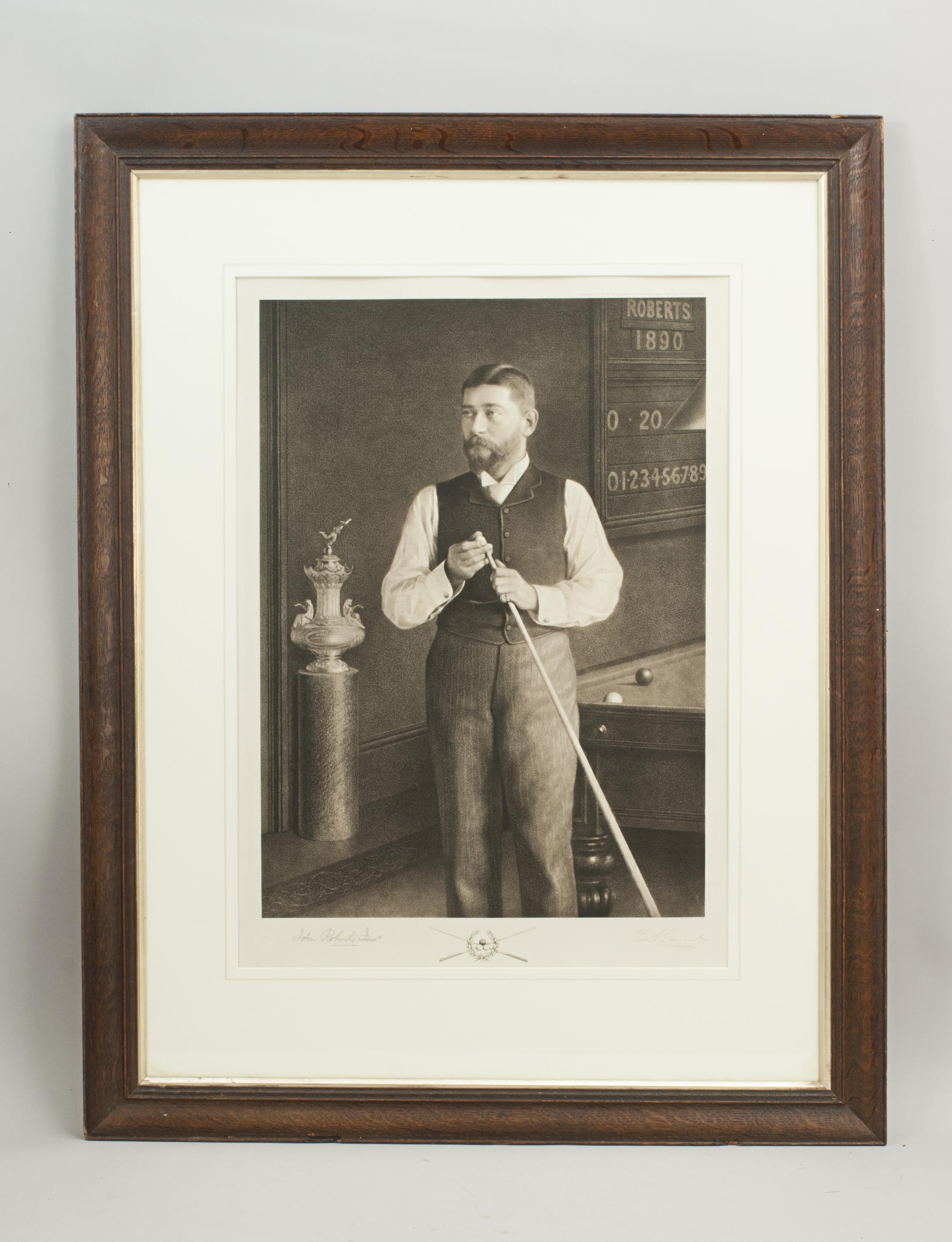 John Roberts Junior Photogravure.
Late 19th century study of John Roberts Junior, billiards player, signed in pencil by John Roberts Junior and the artist Thomas Edward Gaunt.
Roberts died in Worthing in 1919 at 71 years of age, some 24 years