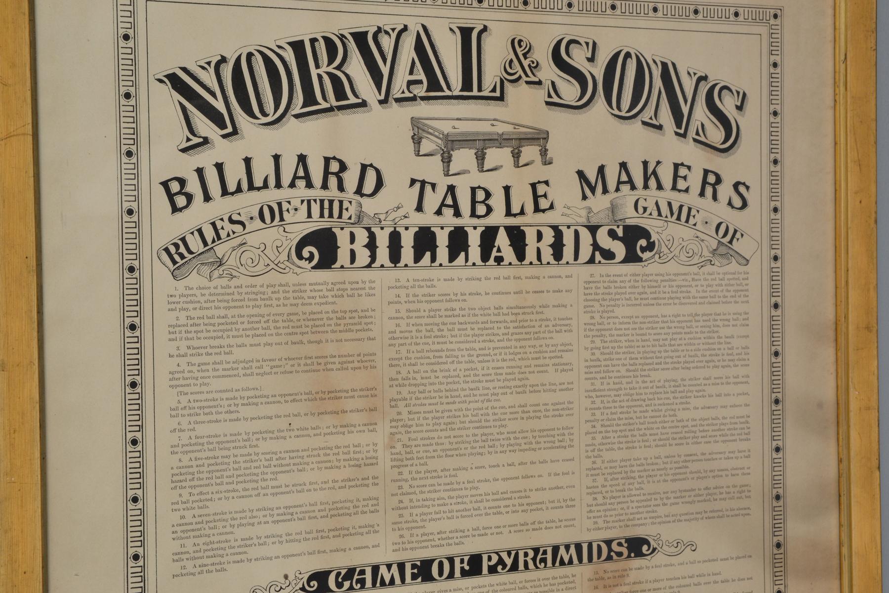 This framed and printed sheet Rule frame is very unusual because it actually
features the rules of three games Billiards, Life Pool and Pyramid pool.

Printed by the famous Glasgow manufactures Norval, in its original pine and gilt frame with