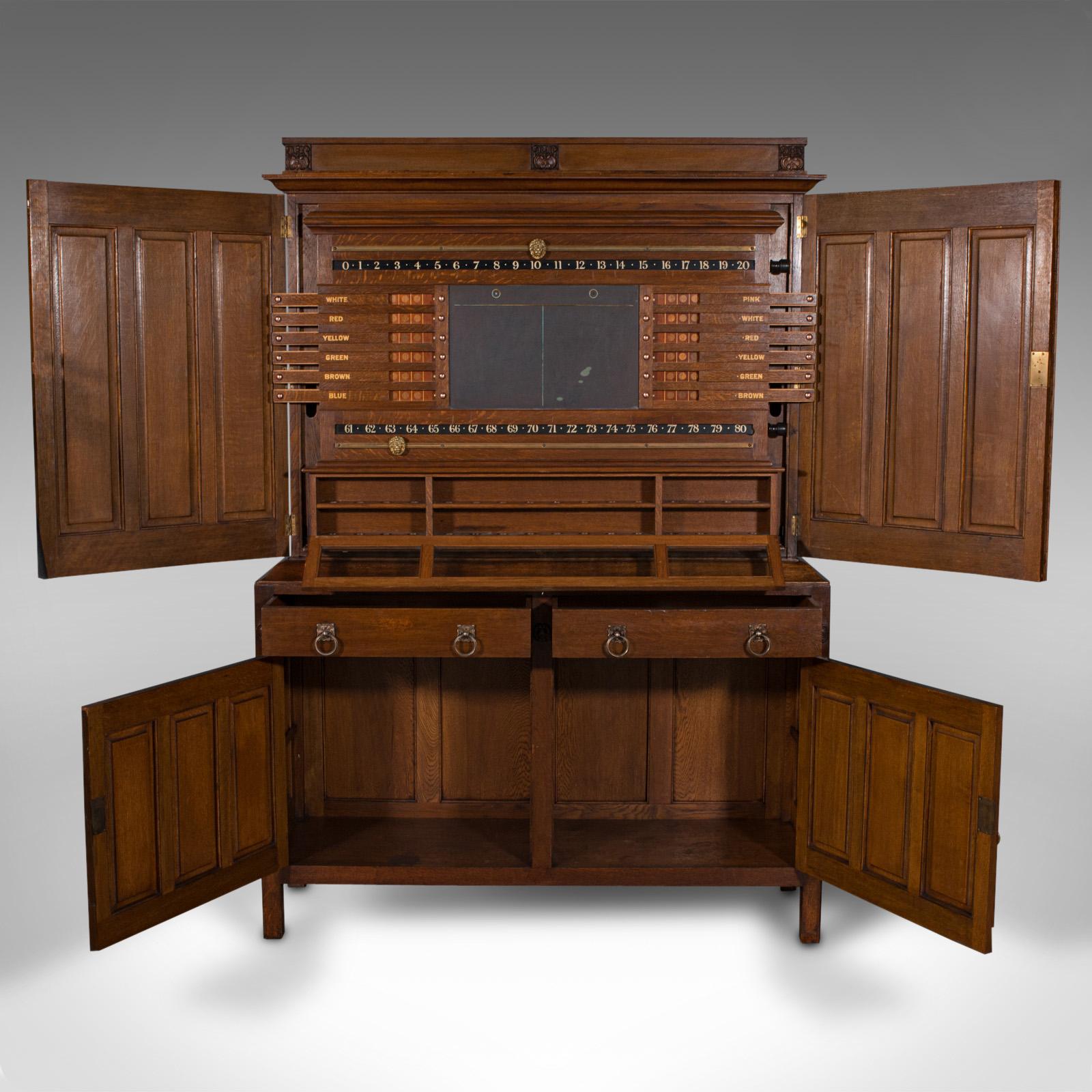 Antique Billiard Scoreboard Cabinet, English, Oak, Decorative, Pool, Edwardian In Good Condition For Sale In Hele, Devon, GB
