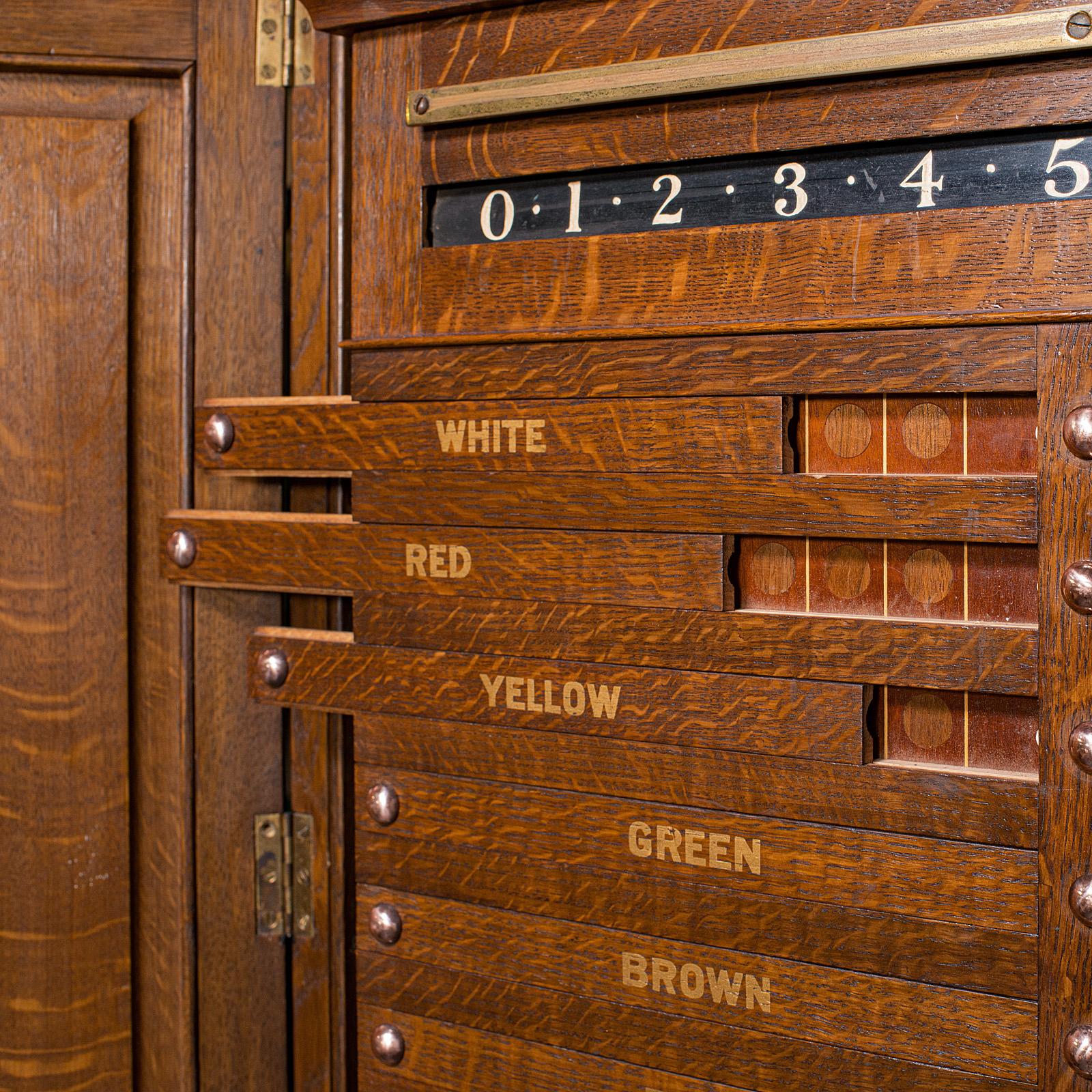Antique Billiard Scoreboard Cabinet, English, Oak, Decorative, Pool, Edwardian For Sale 4