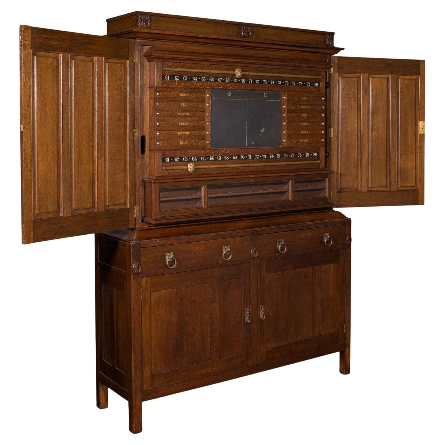 Antique Billiard Scoreboard Cabinet, English, Oak, Decorative, Pool, Edwardian For Sale