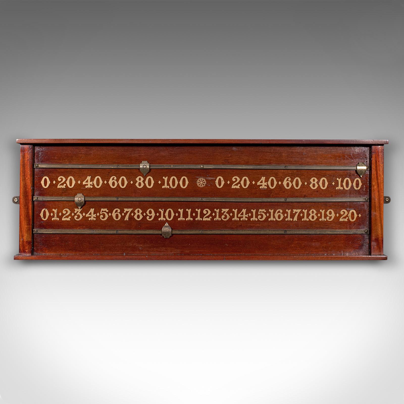 This is an antique billiard scoreboard. An English, mahogany and brass games room score counter, dating to the late Victorian period, circa 1900.

Charming two-player score board, ideal for the games room
Displays a desirable aged patina