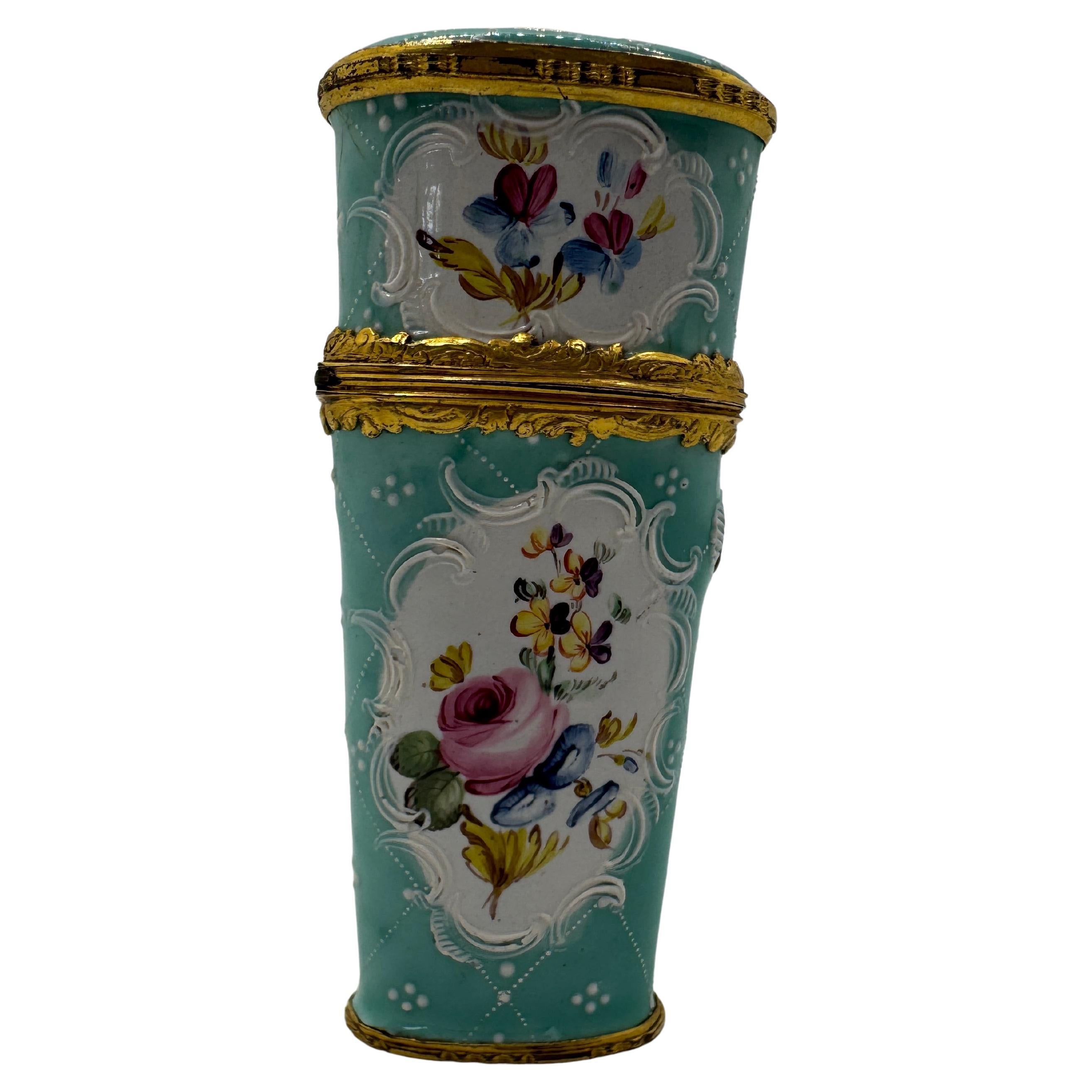 Antiguo estuche esmaltado Bilston Etui / Costurero, circa 1770