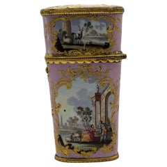 Antiguo estuche esmaltado Bilston Etui / Costurero, circa 1780