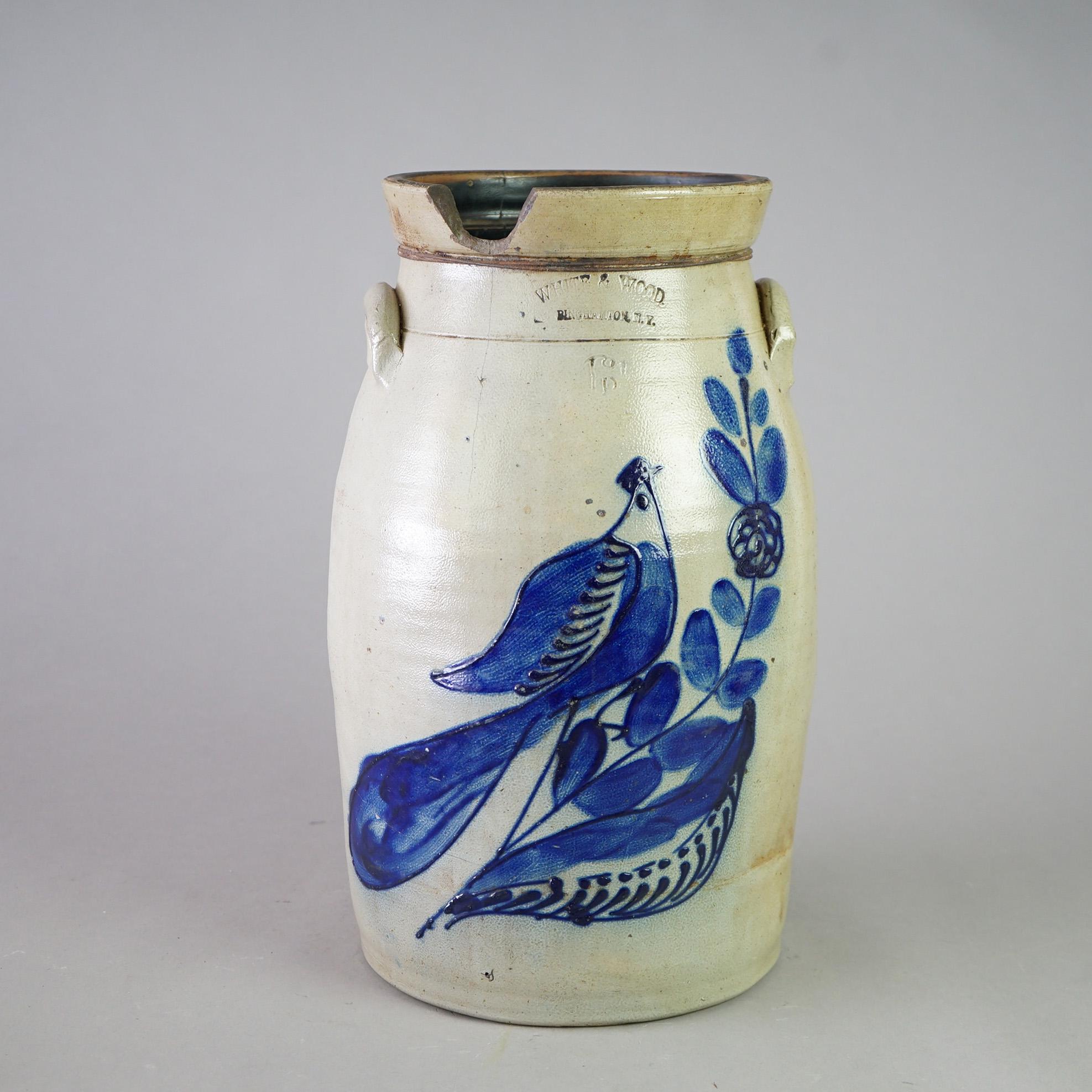 Primitive Antique Binghamton White & Wood Paddle Bird Blue Decorated Stoneware Churn c1870