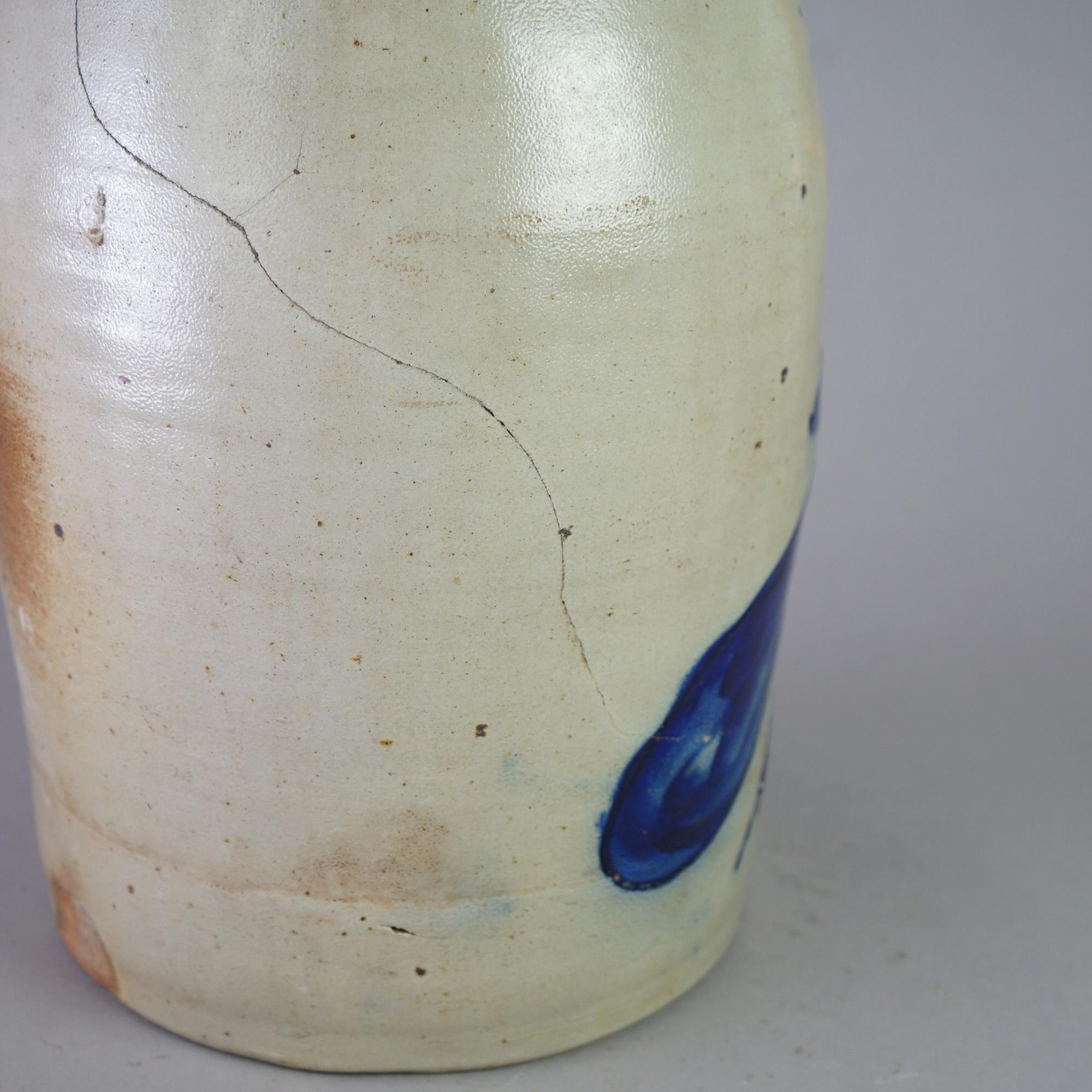 Antique Binghamton White & Wood Paddle Bird Blue Decorated Stoneware Churn c1870 2