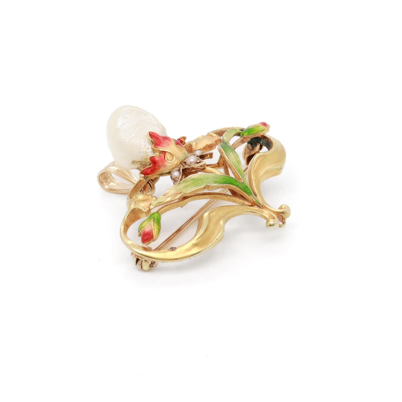 Antique Bippart & Co Art Nouveau 14K Gold, Enamel & Baroque Pearl Brooch/Pendant For Sale 5