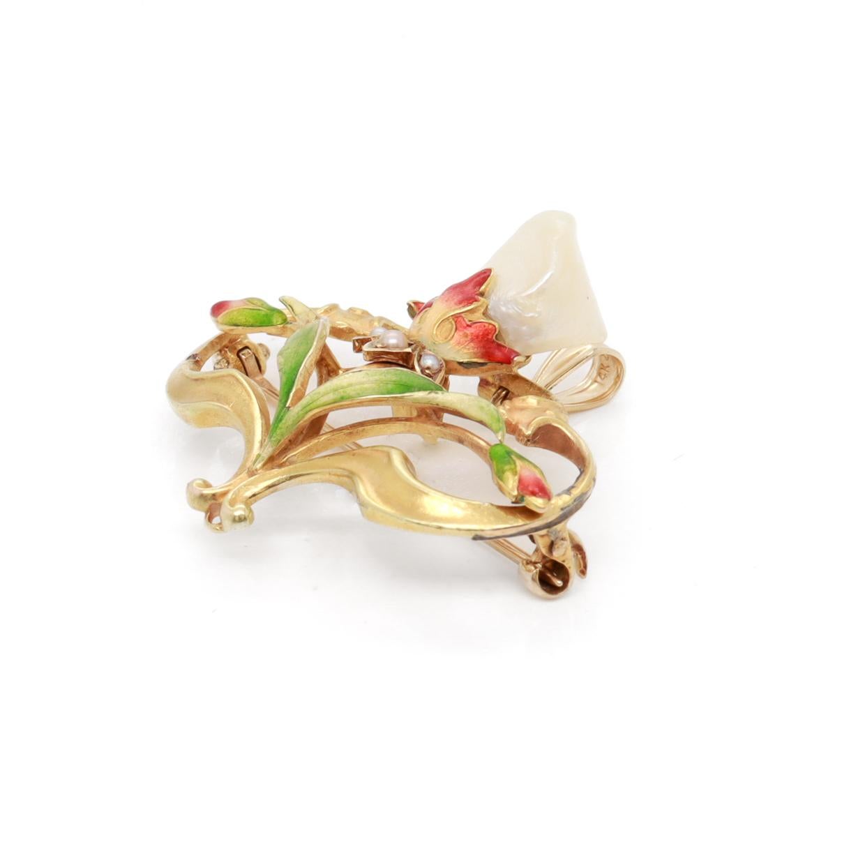 Antique Bippart & Co Art Nouveau 14K Gold, Enamel & Baroque Pearl Brooch/Pendant For Sale 6