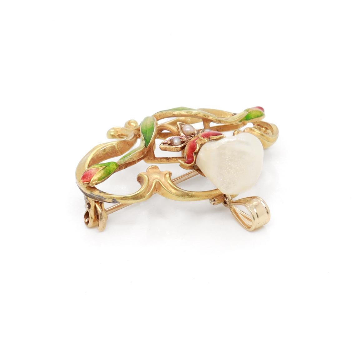 Antique Bippart & Co Art Nouveau 14K Gold, Enamel & Baroque Pearl Brooch/Pendant For Sale 7