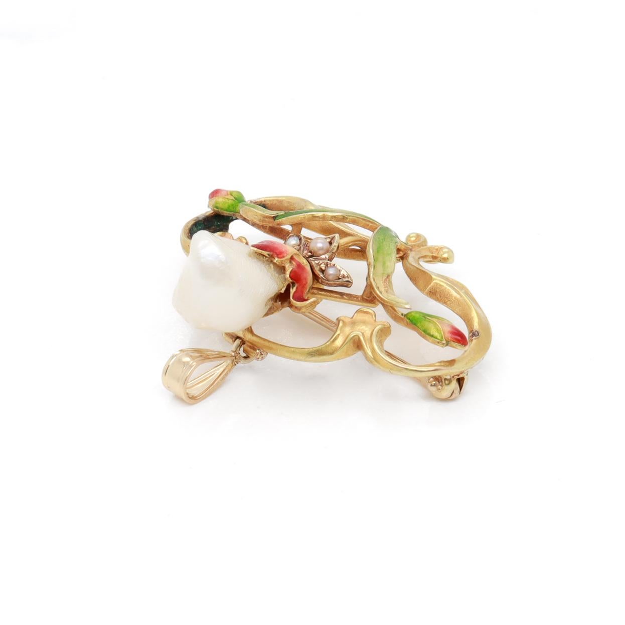 Antique Bippart & Co Art Nouveau 14K Gold, Enamel & Baroque Pearl Brooch/Pendant For Sale 8