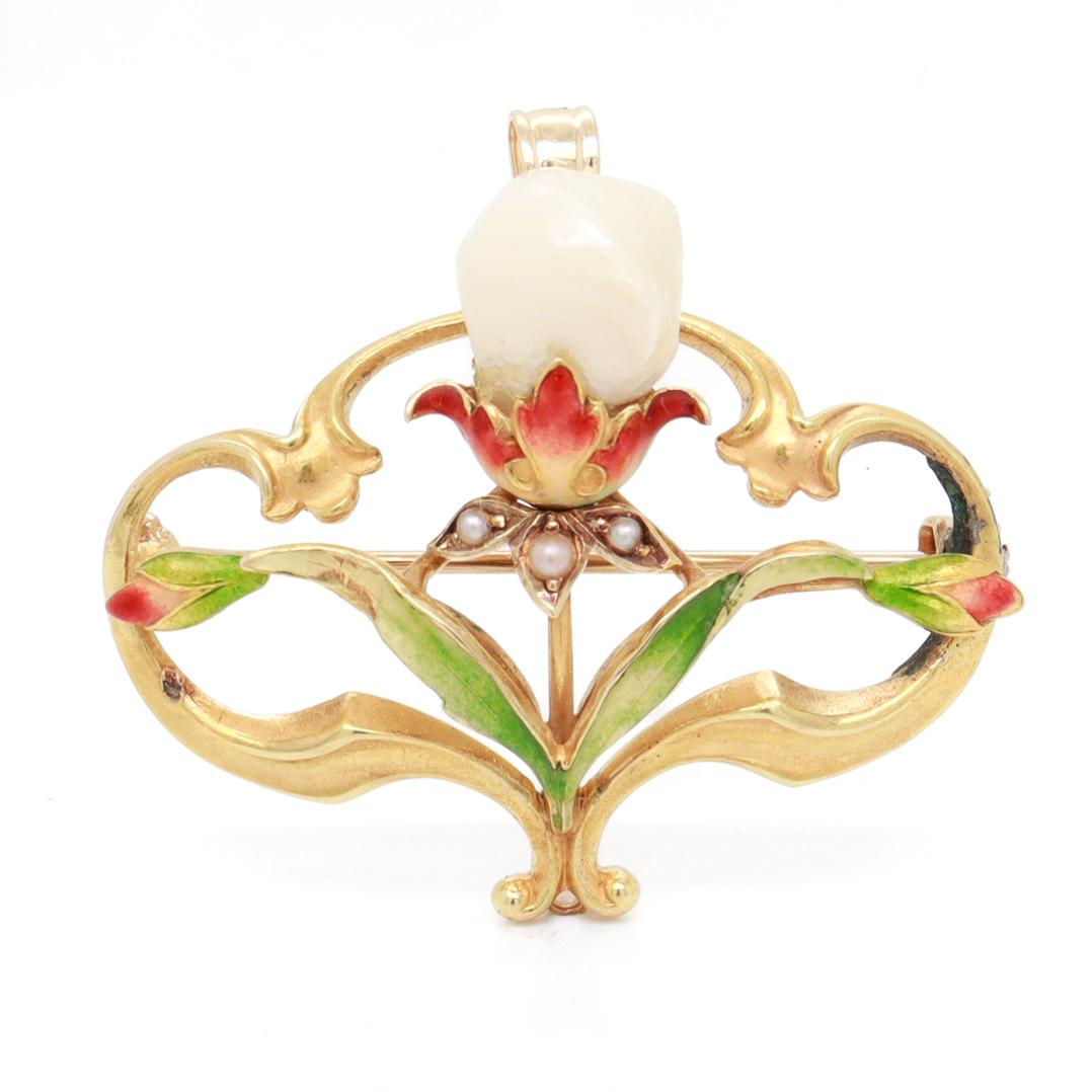 Antique Bippart & Co Art Nouveau 14K Gold, Enamel & Baroque Pearl Brooch/Pendant For Sale 9
