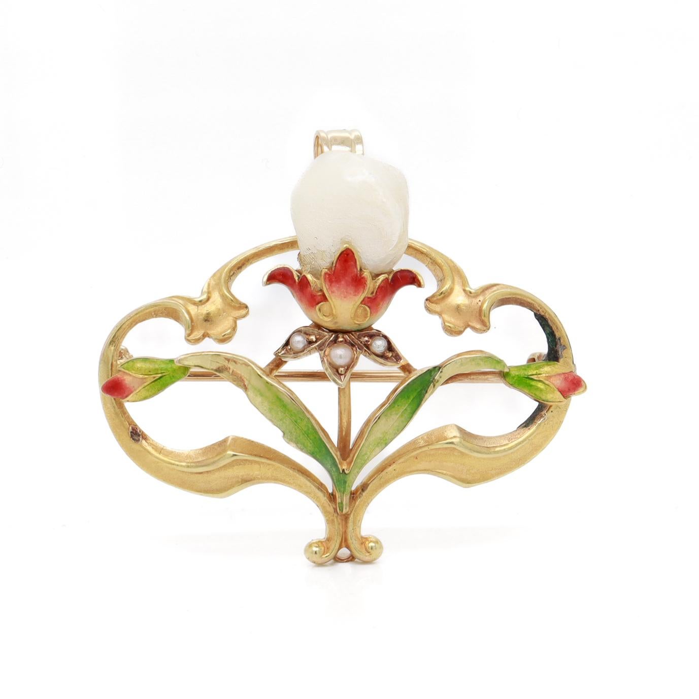 Antique Bippart & Co Art Nouveau 14K Gold, Enamel & Baroque Pearl Brooch/Pendant In Fair Condition For Sale In Philadelphia, PA