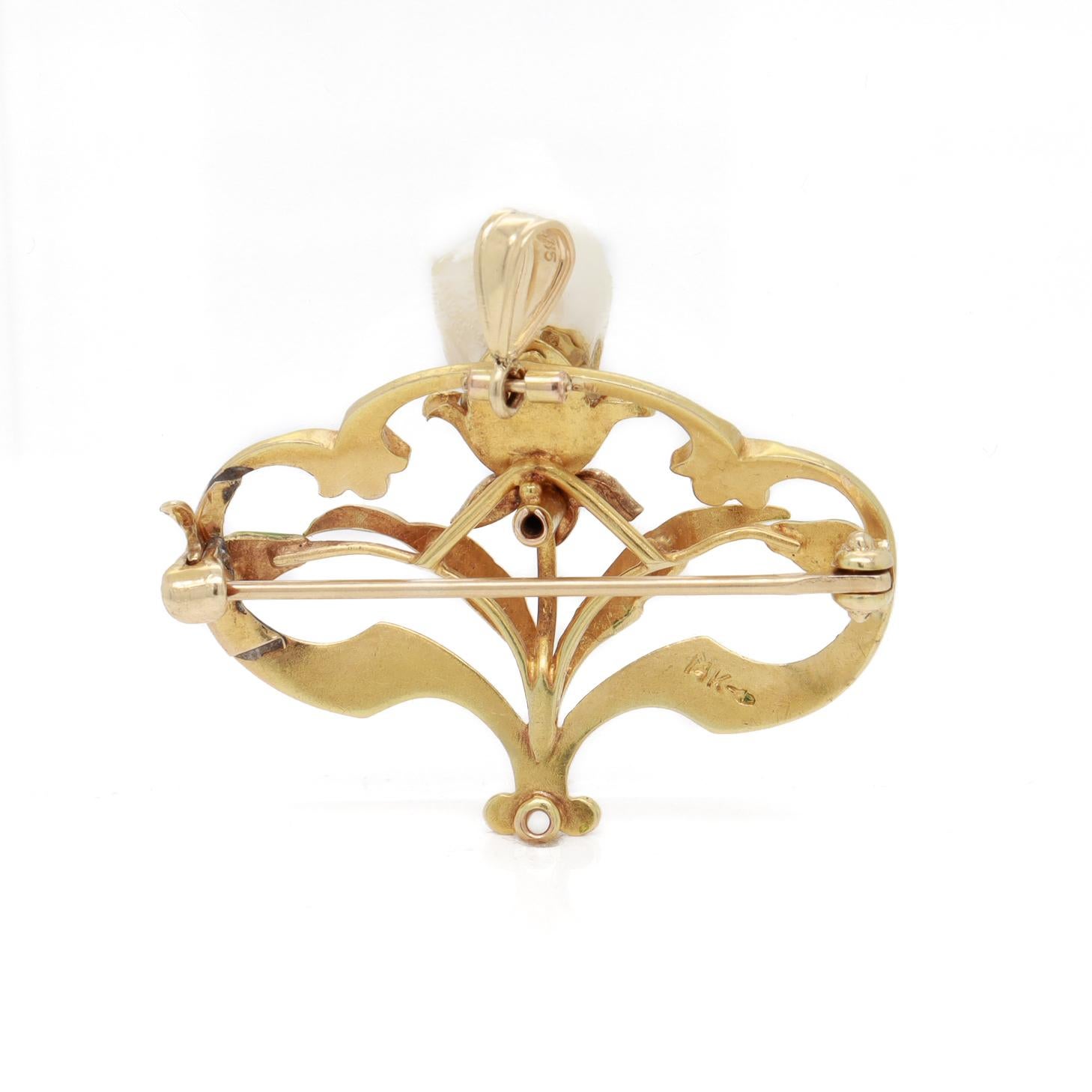 Women's or Men's Antique Bippart & Co Art Nouveau 14K Gold, Enamel & Baroque Pearl Brooch/Pendant For Sale
