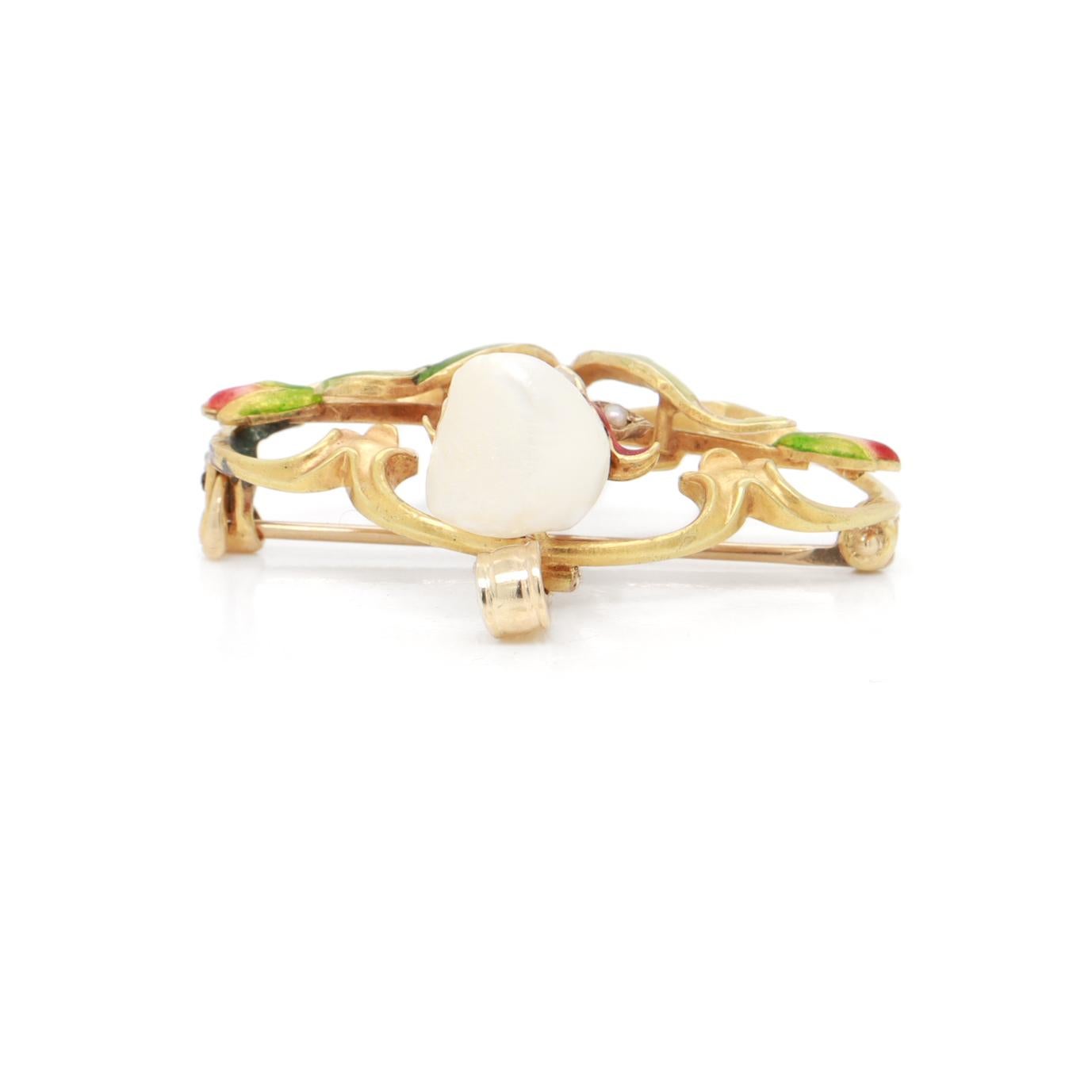 Antique Bippart & Co Art Nouveau 14K Gold, Enamel & Baroque Pearl Brooch/Pendant For Sale 2