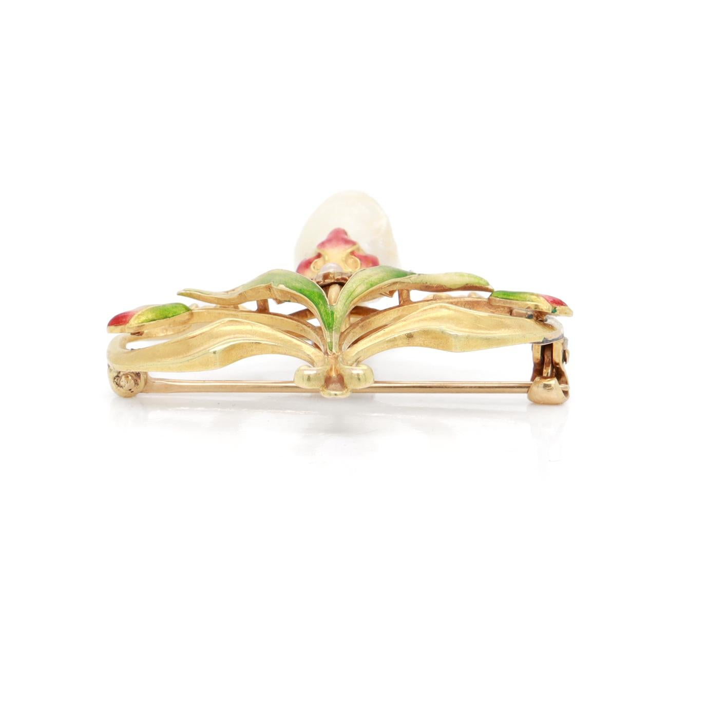 Antique Bippart & Co Art Nouveau 14K Gold, Enamel & Baroque Pearl Brooch/Pendant For Sale 4
