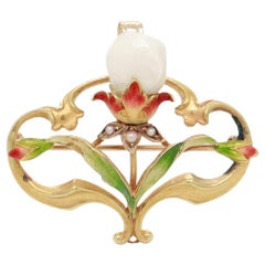 Antique Bippart & Co Art Nouveau 14K Gold, Enamel & Baroque Pearl Brooch/Pendant