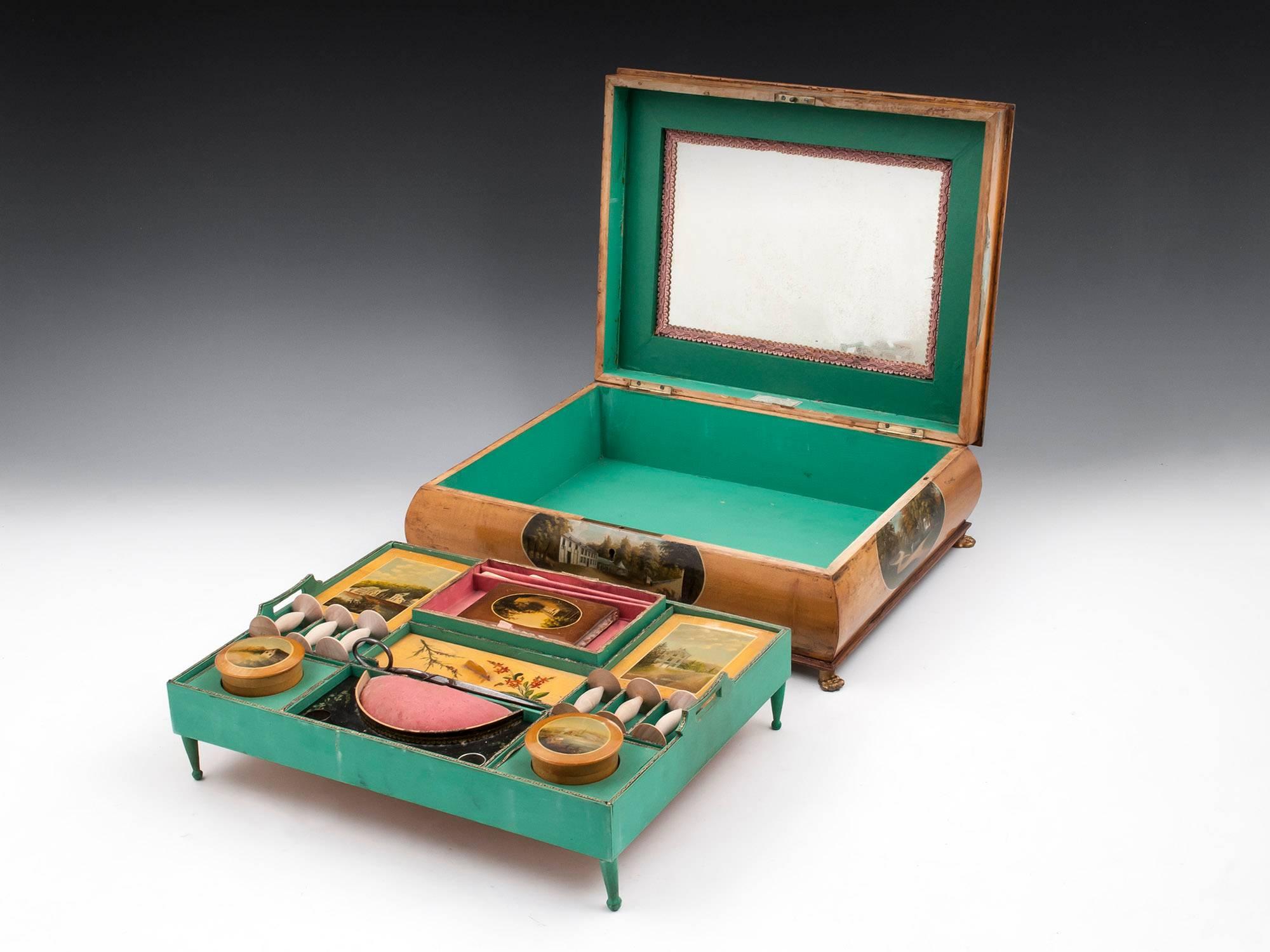 Antique Birch and Sycamore Painted Spa Sewing Box, 19th Century 5