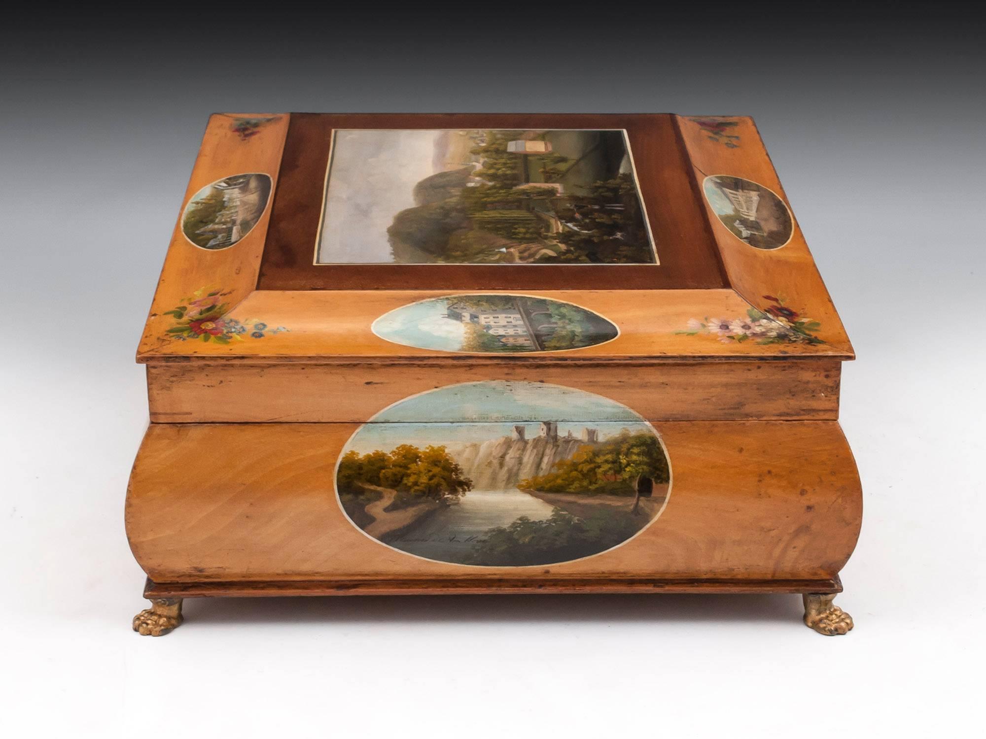 Antique Birch and Sycamore Painted Spa Sewing Box, 19th Century 7