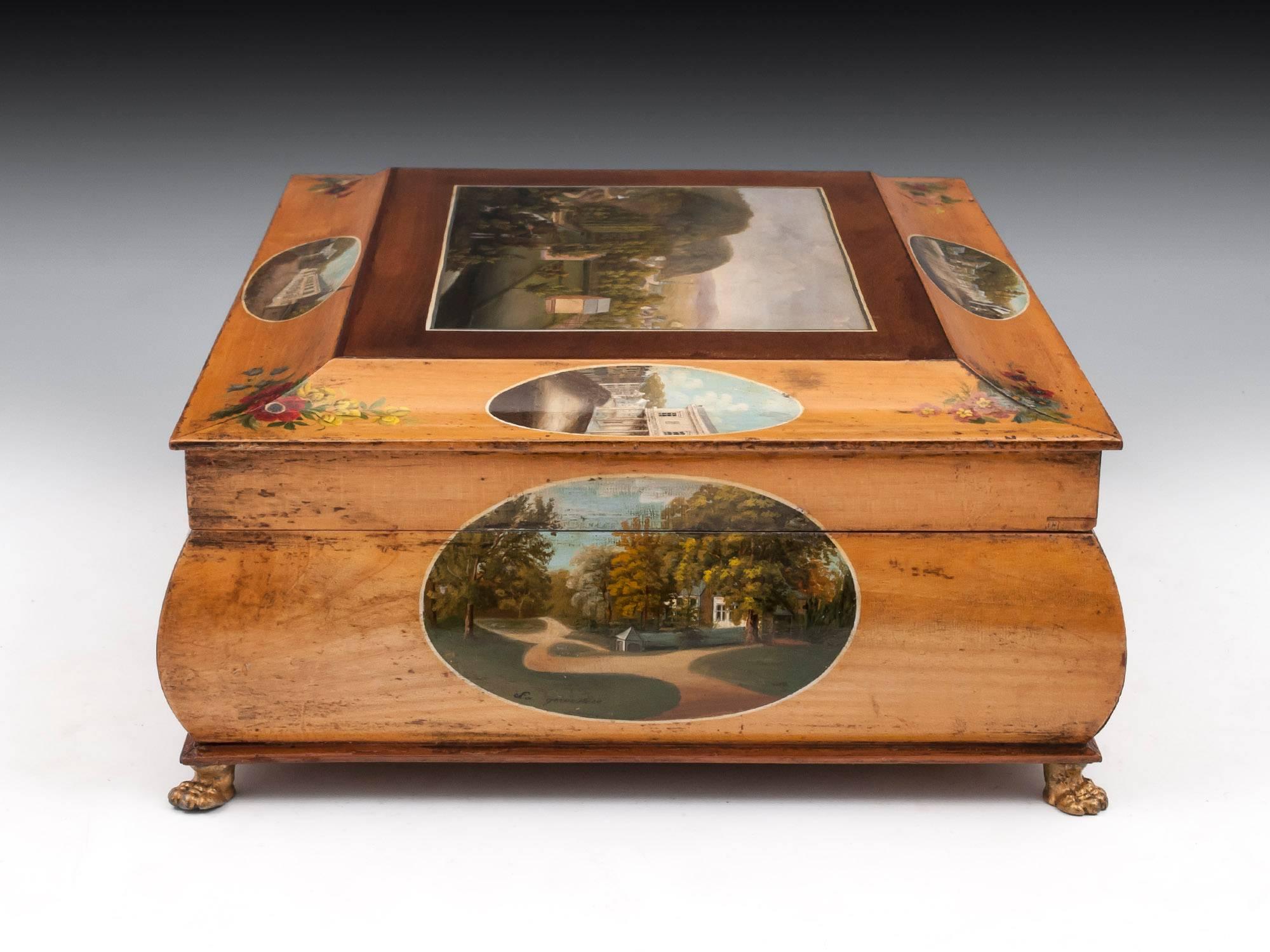 Antique Birch and Sycamore Painted Spa Sewing Box, 19th Century 8