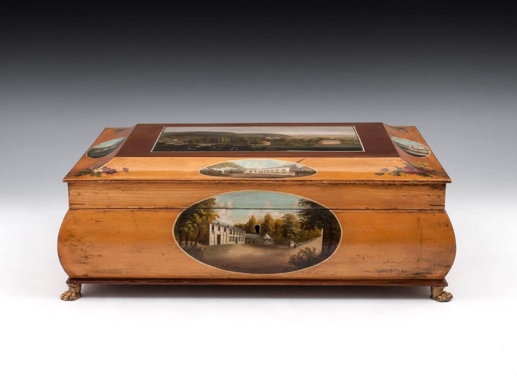 Victorian Antique Birch and Sycamore Painted Spa Sewing Box, 19th Century