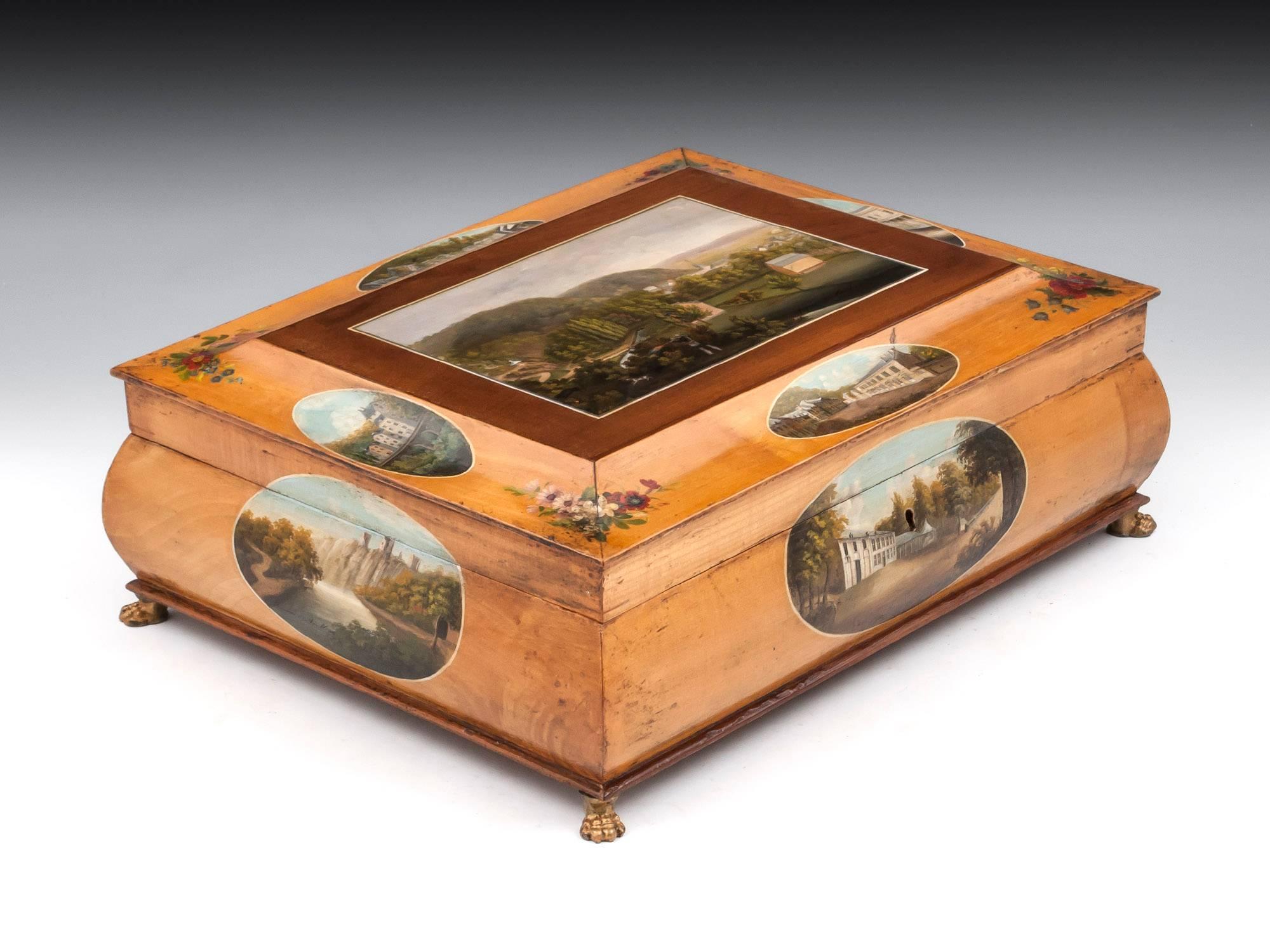 Belgian Antique Birch and Sycamore Painted Spa Sewing Box, 19th Century