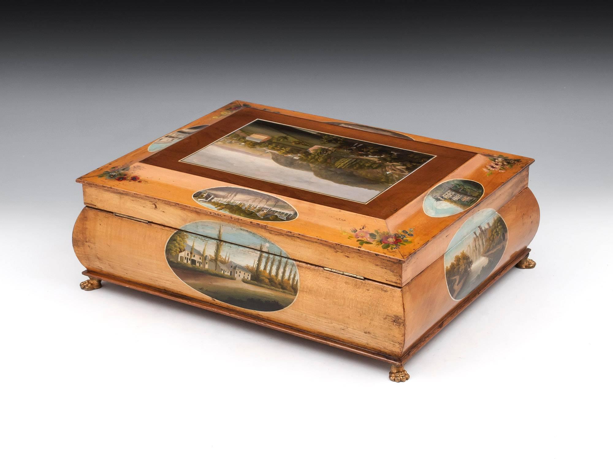 Antique Birch and Sycamore Painted Spa Sewing Box, 19th Century In Good Condition In Northampton, United Kingdom