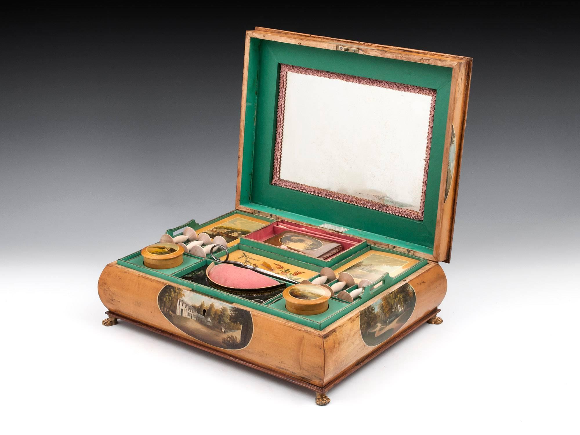 Antique Birch and Sycamore Painted Spa Sewing Box, 19th Century 1